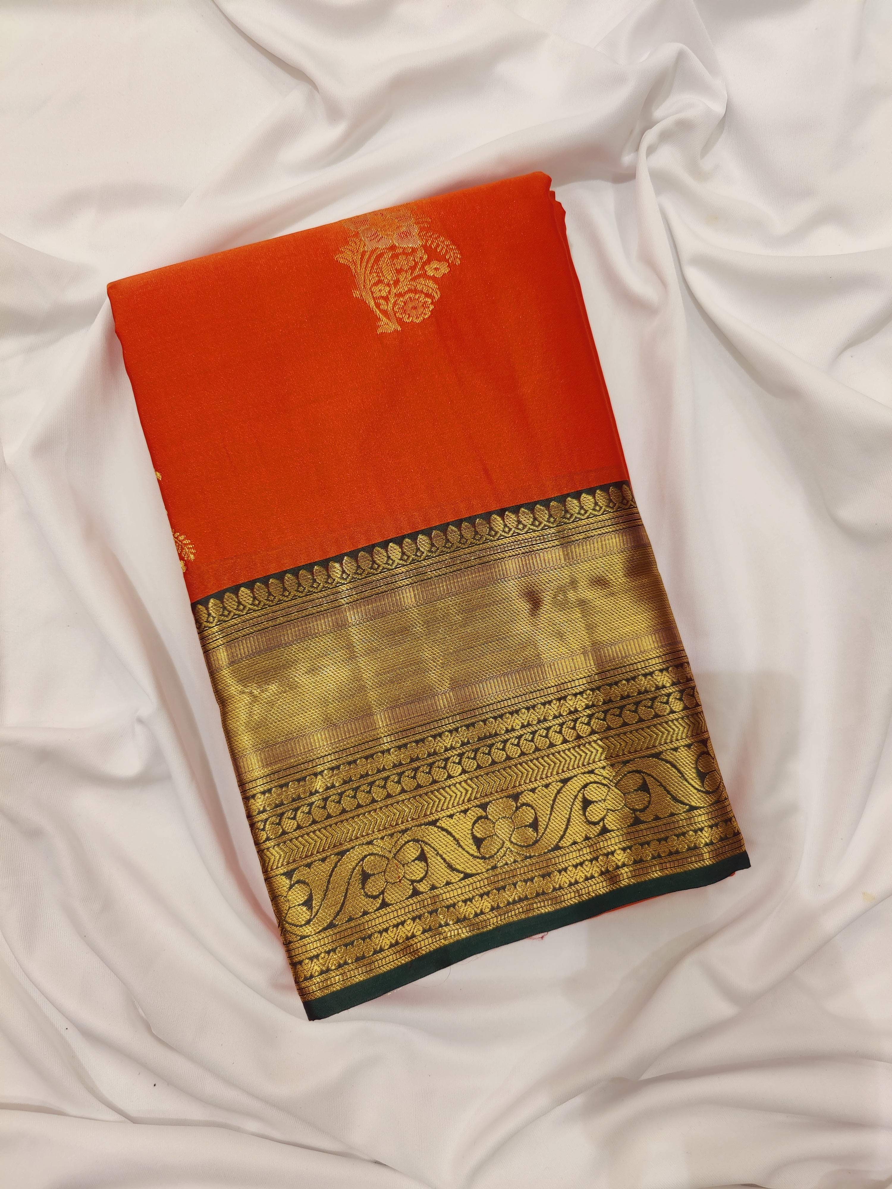Orange Semi Kanchi Silk Saree with Green Border – A Classic Traditional Delight - New Sudarshan Silks`