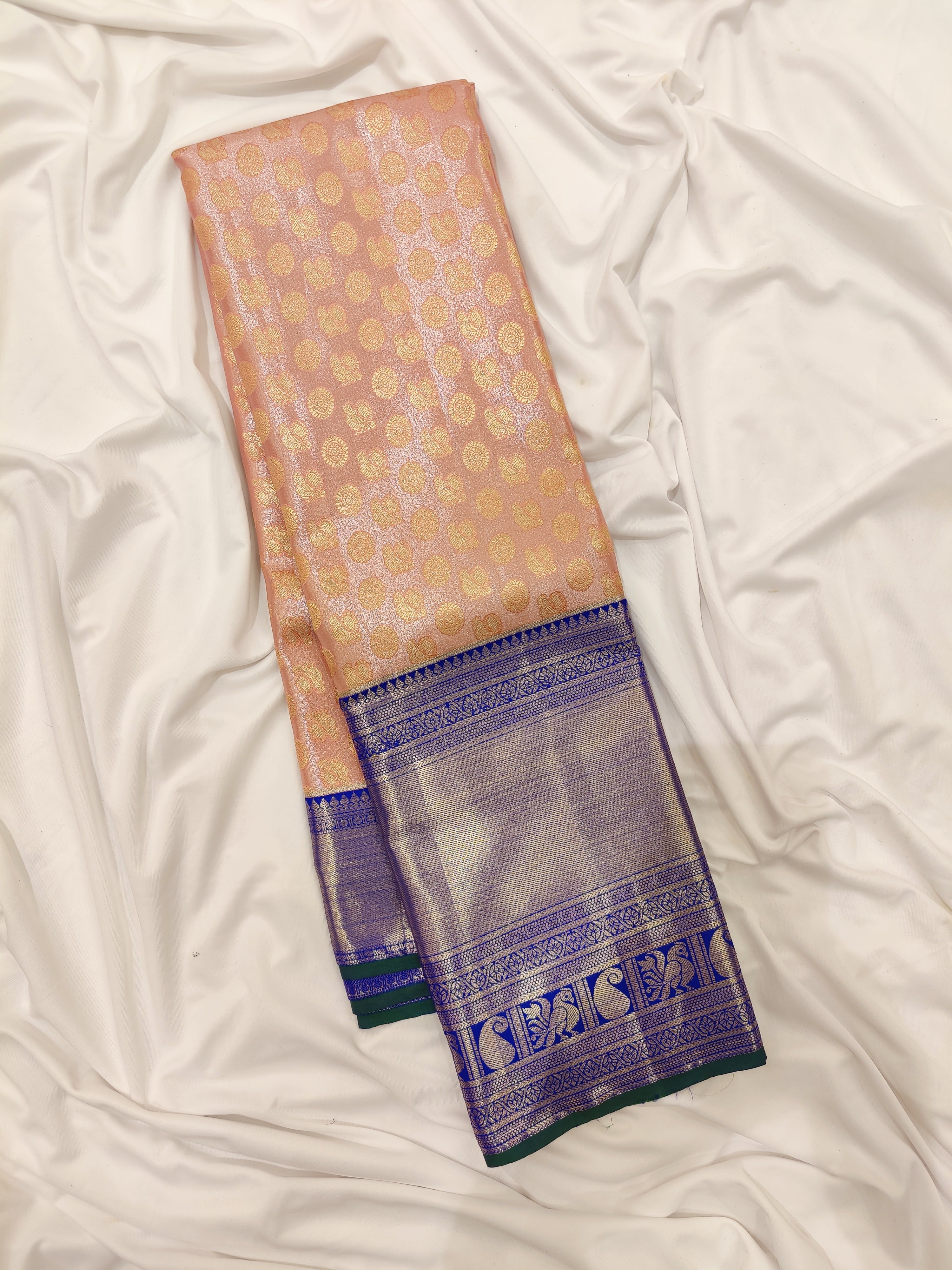 Peach Semi Tissue Silk Saree with Navy Blue Border – Traditional Elegance