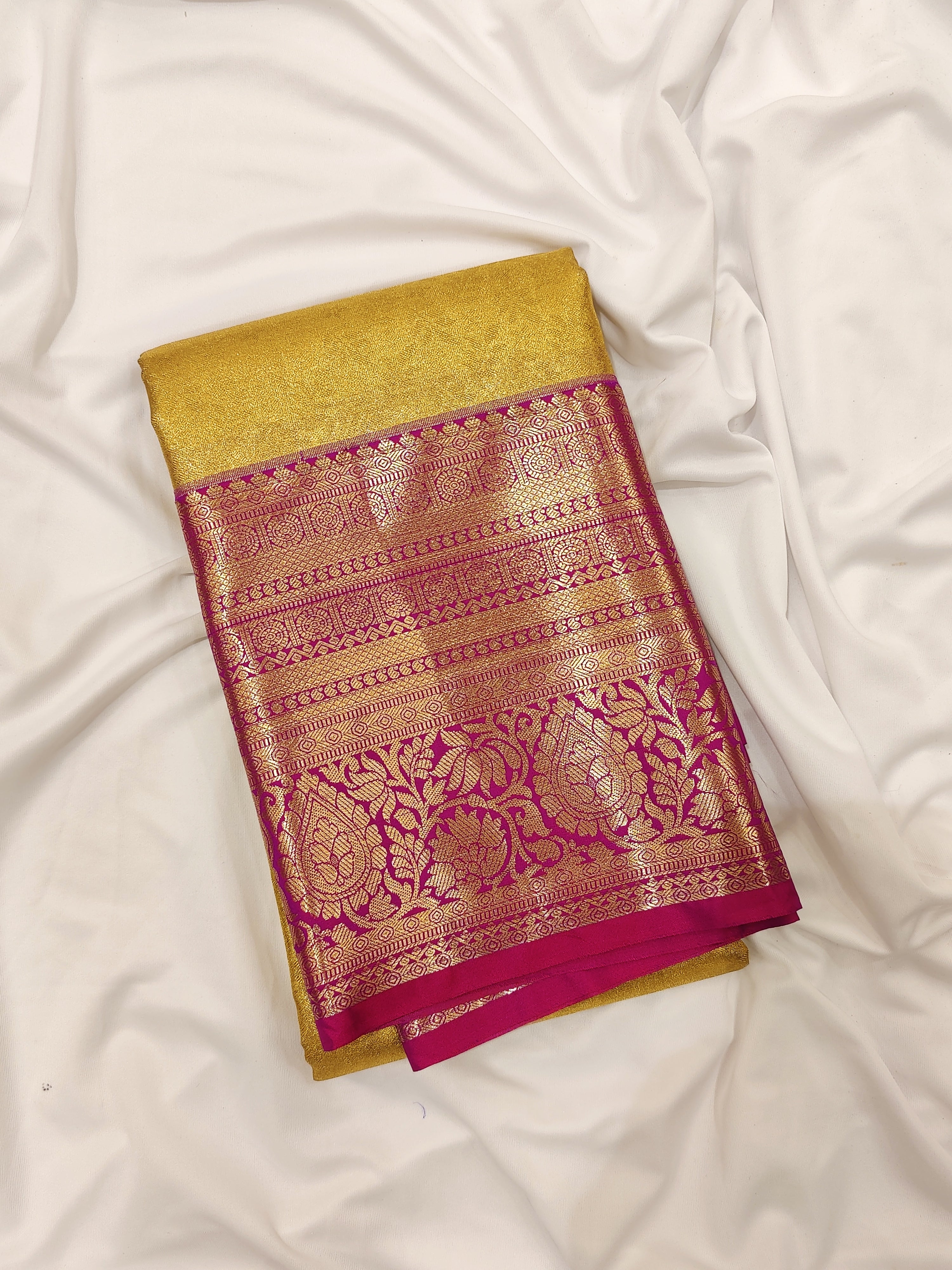 Gold Saree with Magenta Pink Border – Affordable Wedding Elegance