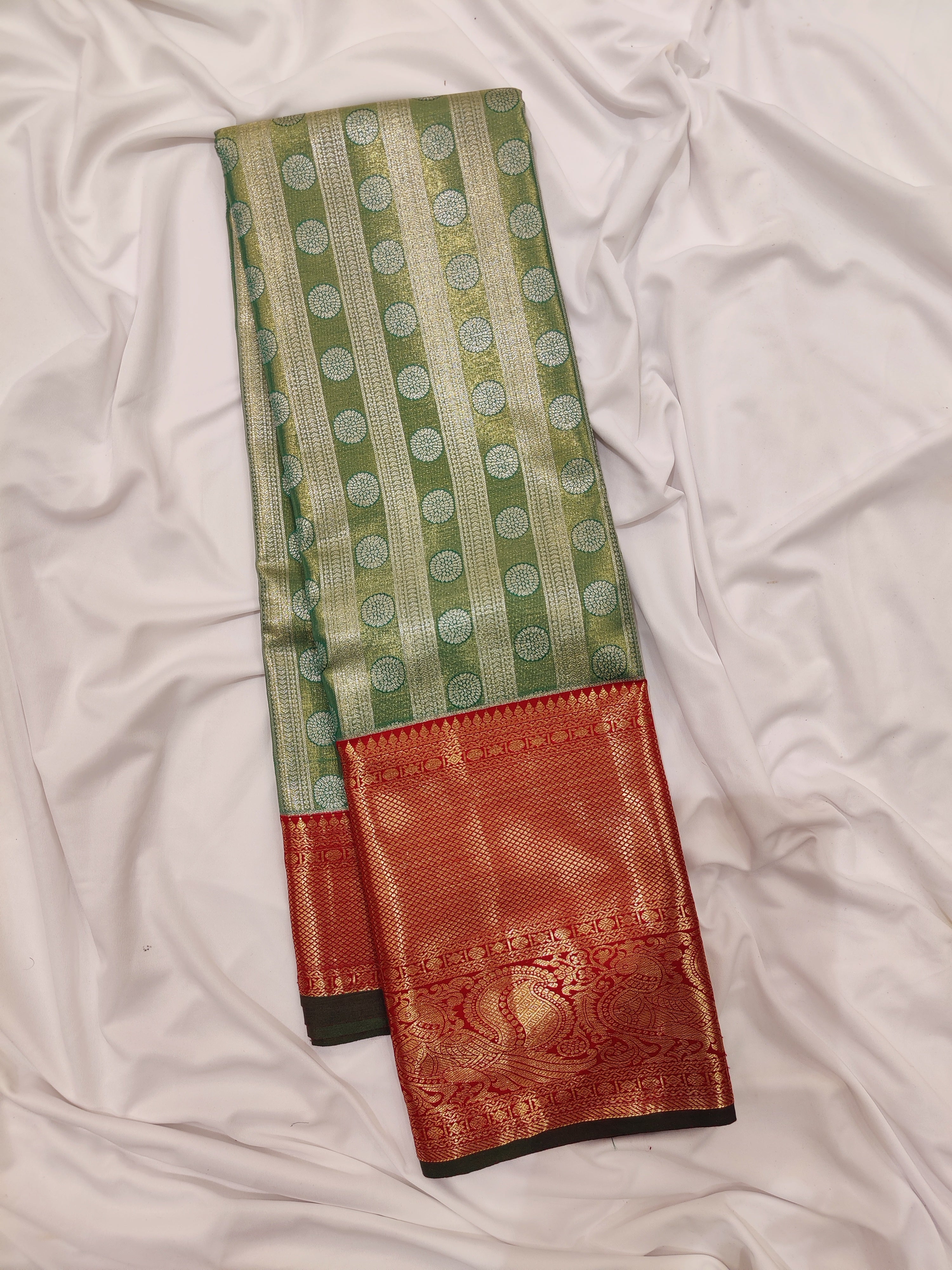 Green & Silver Body Zari Butta with Red Border – Traditional Grand Look Saree