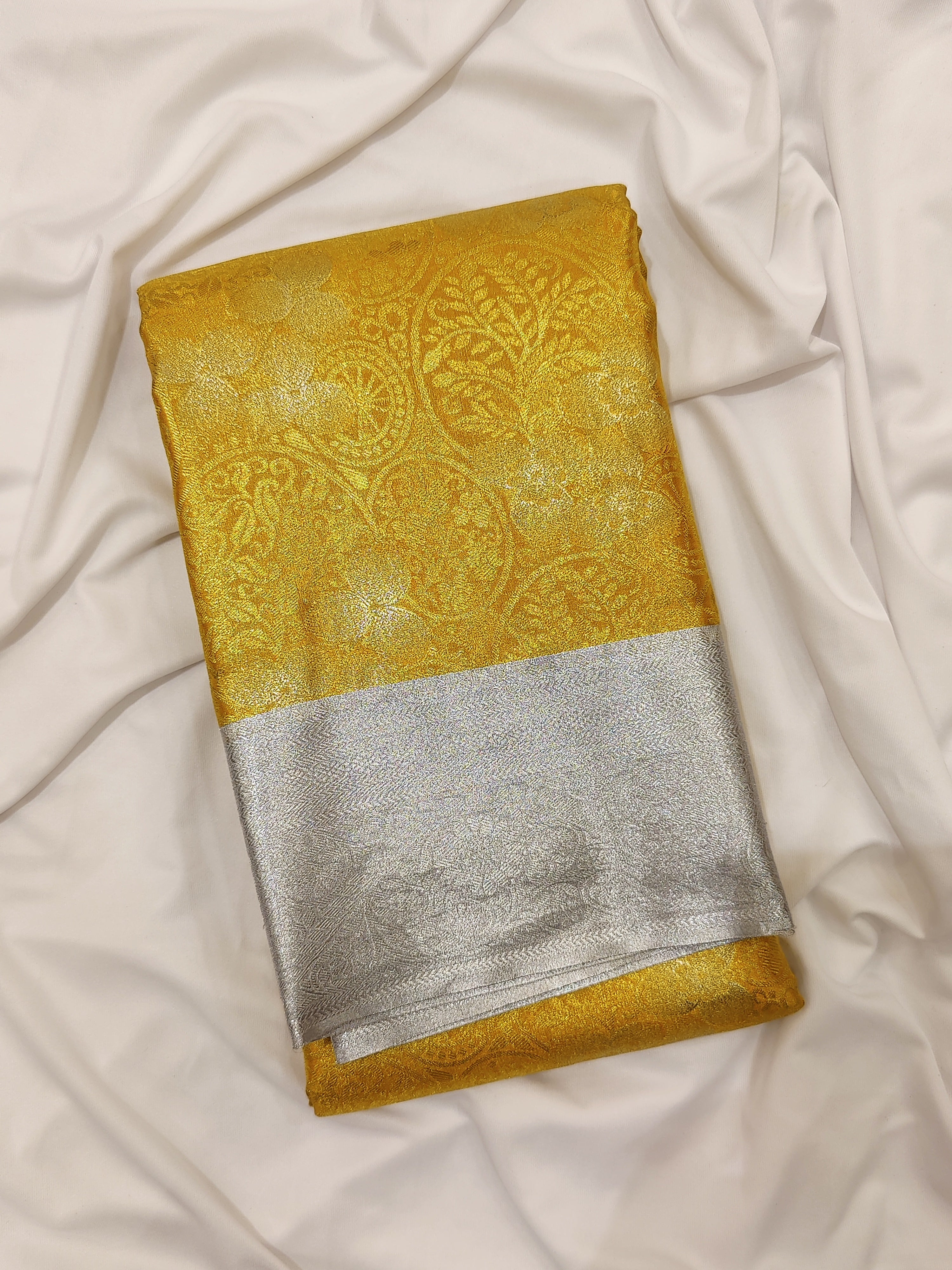 Gold Saree with Silver Border – Semi Tissue Silk Elegance