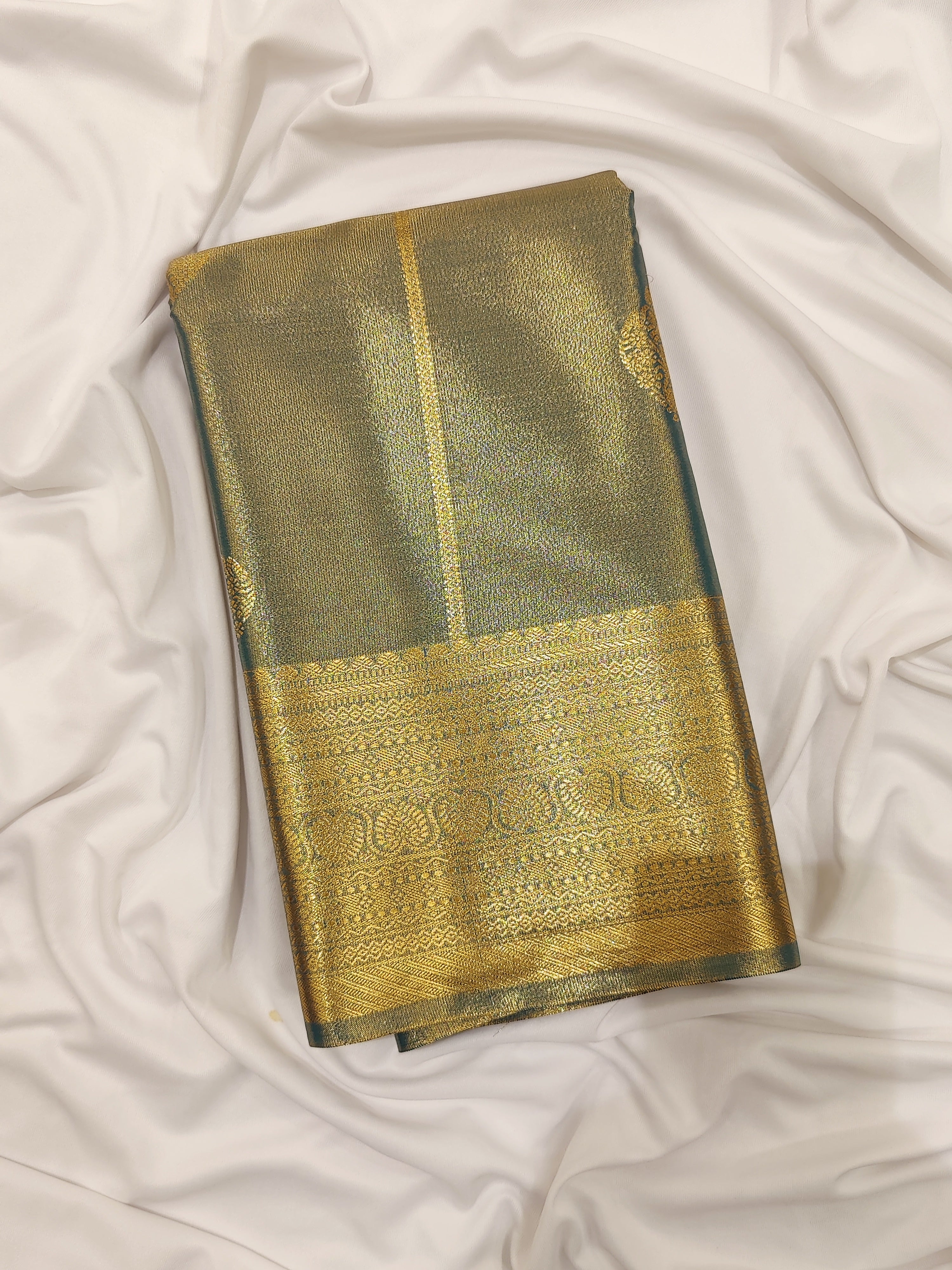 "Green Gold Semi Tissue Saree with Gold Border – Luxury Ethnic Wear" - New Sudarshan Silks`