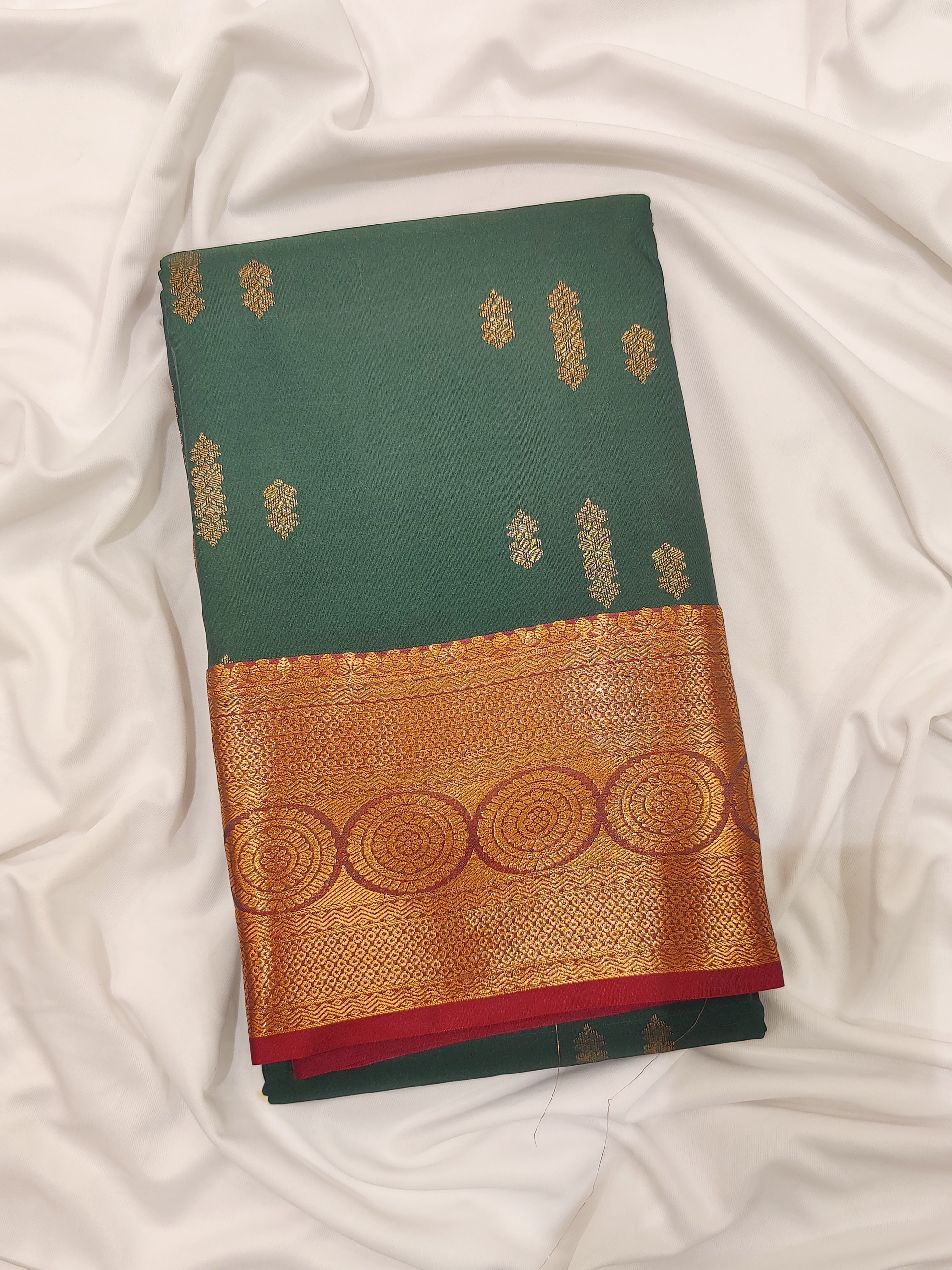 "Bottle Green Semi Silk Saree with Brick Brown Border – Timeless Elegance" - New Sudarshan Silks`