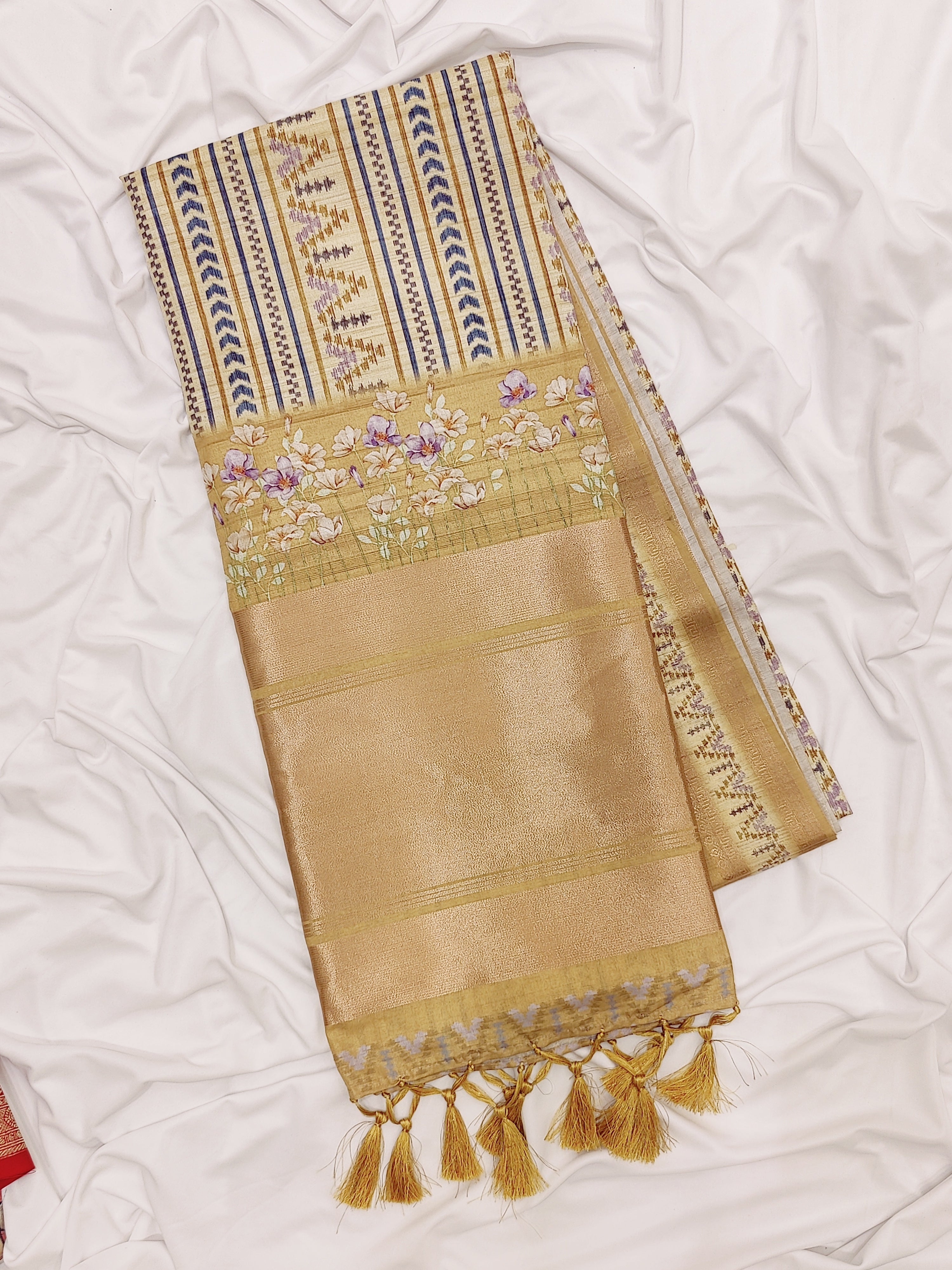 Yellow Fancy Raw Silk Saree with Prints & Tassels – Shop Online