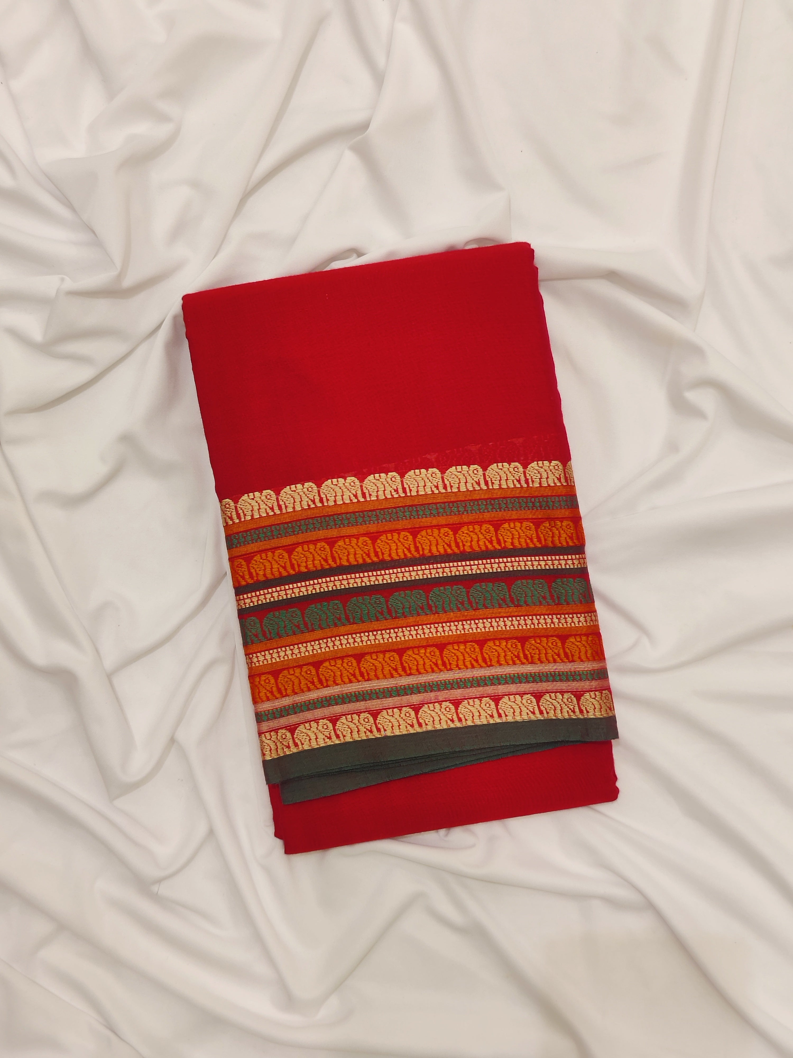 Red Cotton Saree – Plain Body with Traditional Border – Shop Online
