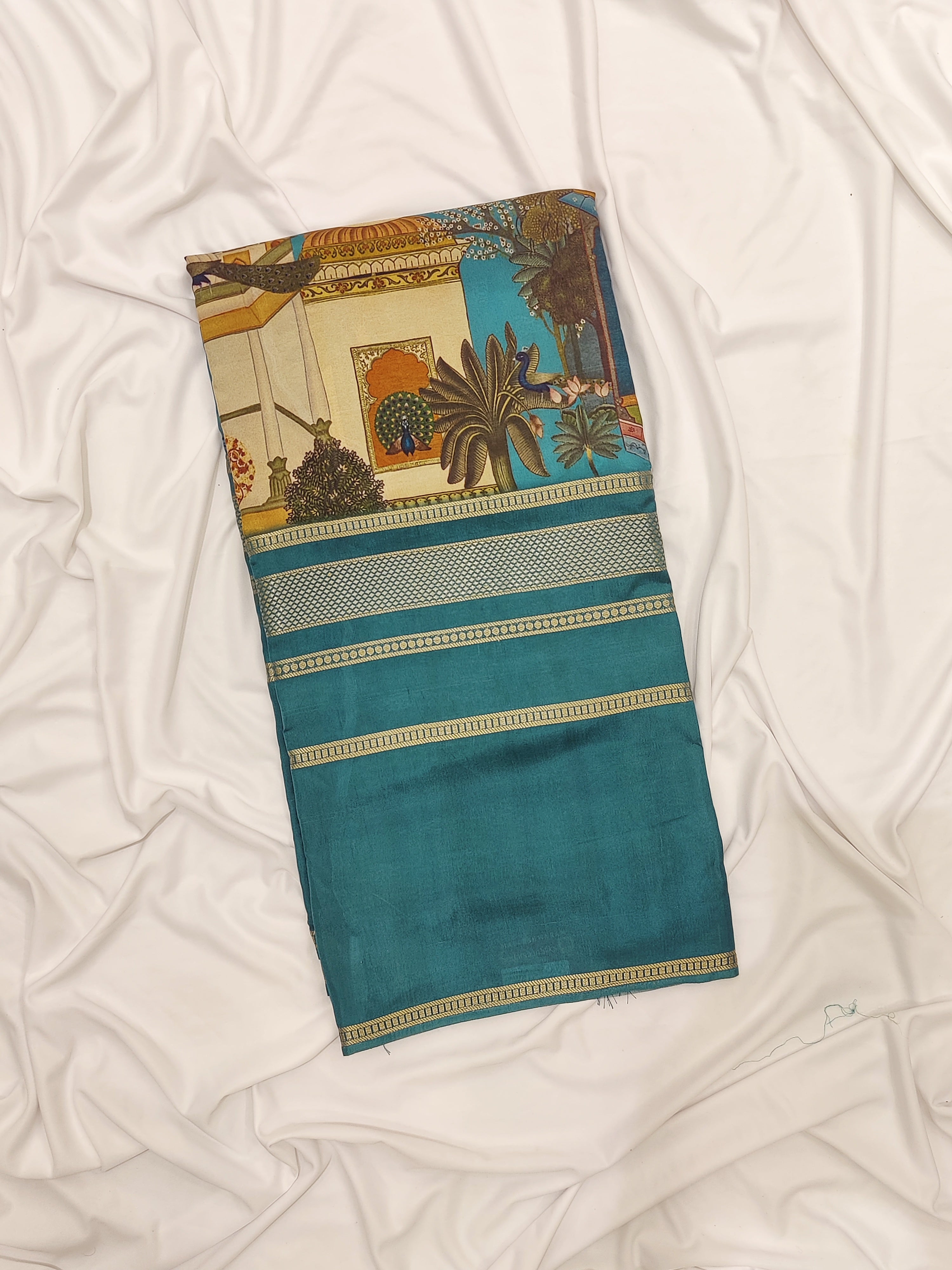 Rama Blue Printed Saree – Gold Border – Shop Online