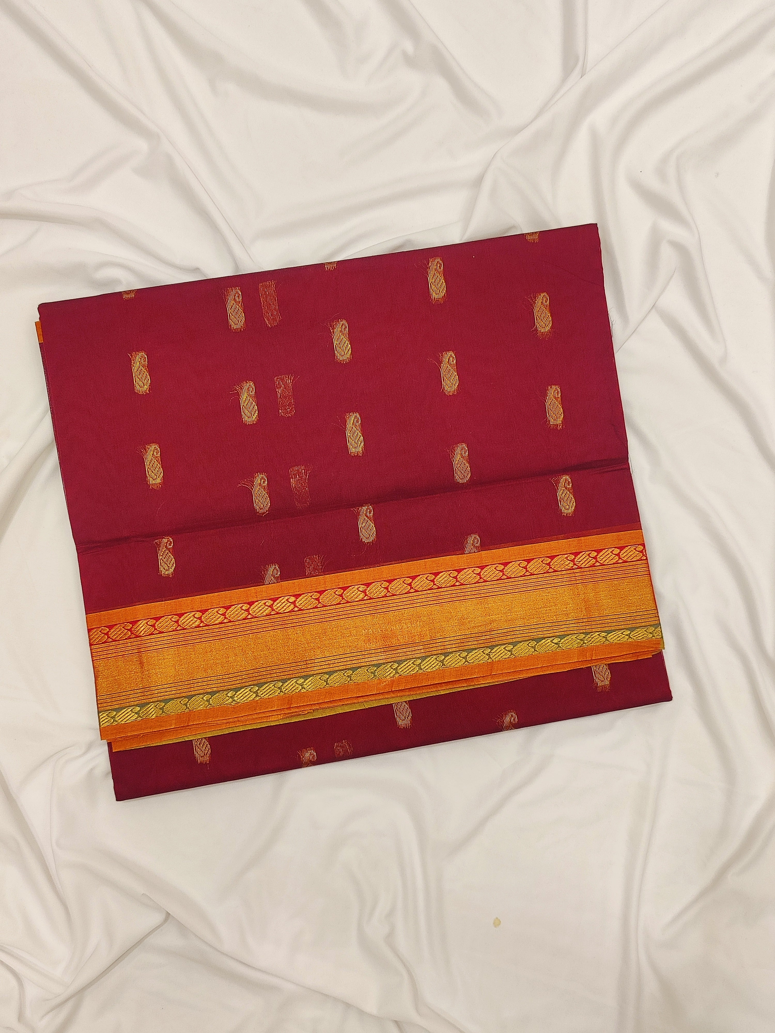 Maroon Venkatagiri Cotton Saree – Green Mango Border – Shop Online