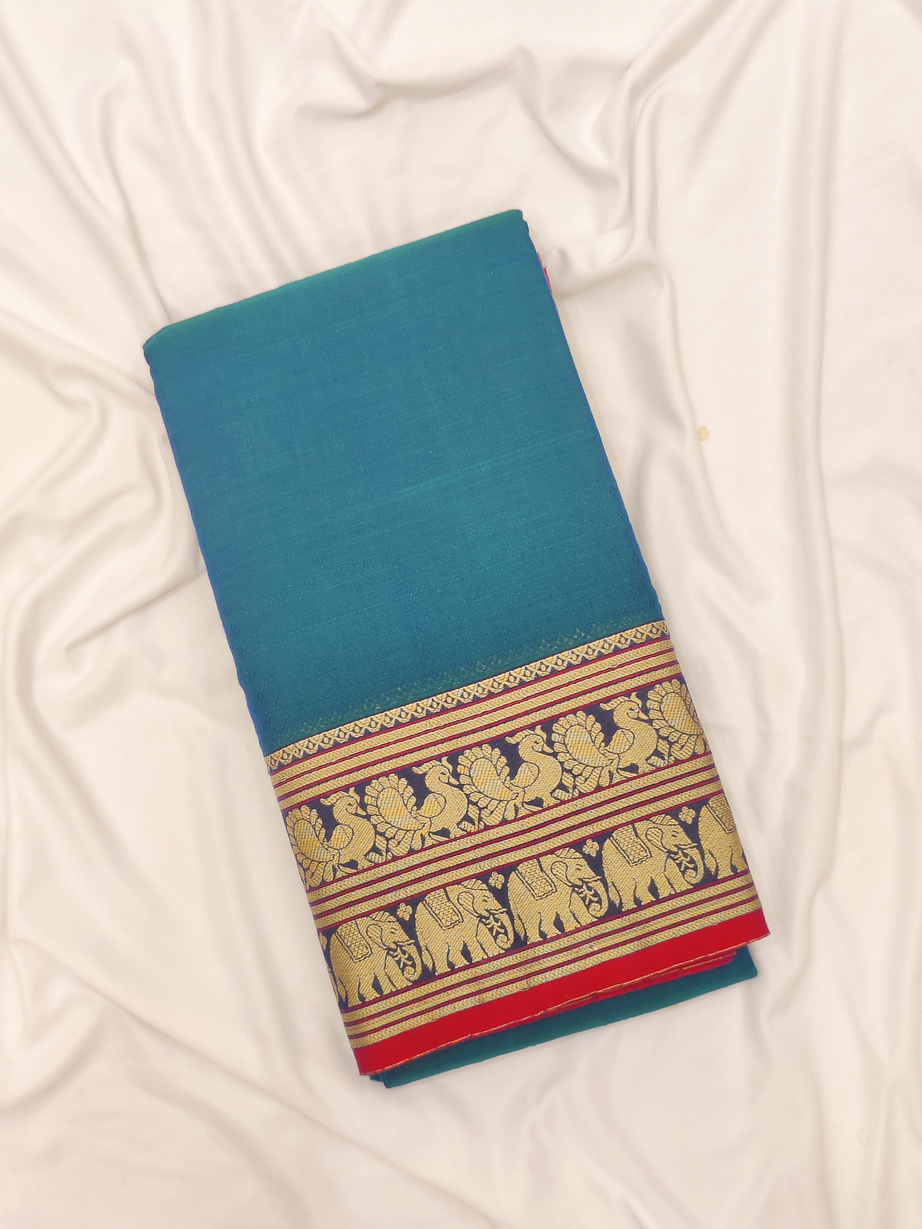 Peacock Blue Cotton Saree – Peacock Zari Border – Shop Online