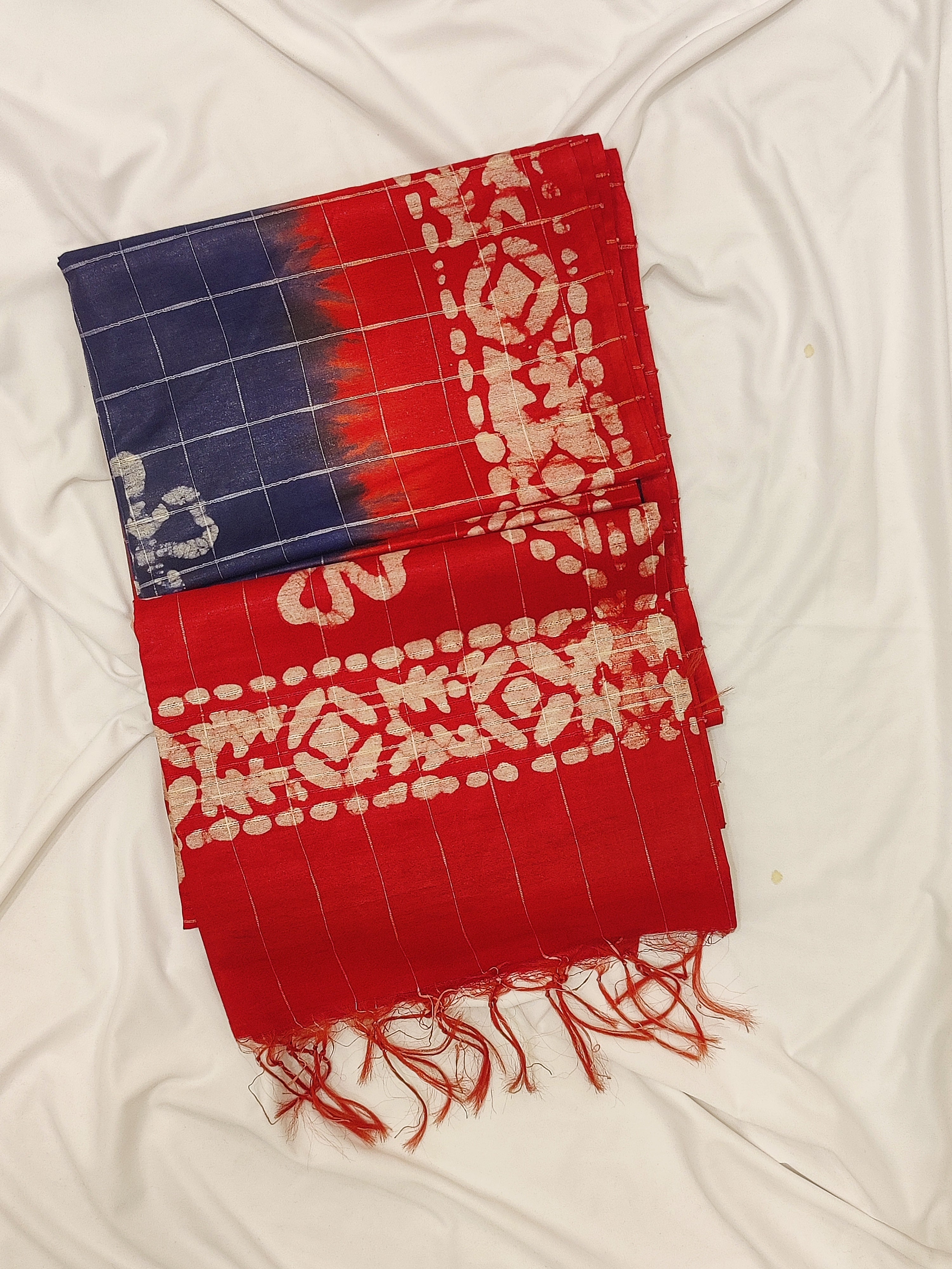 Blue Batik Print Saree – Red Border – Shop Online