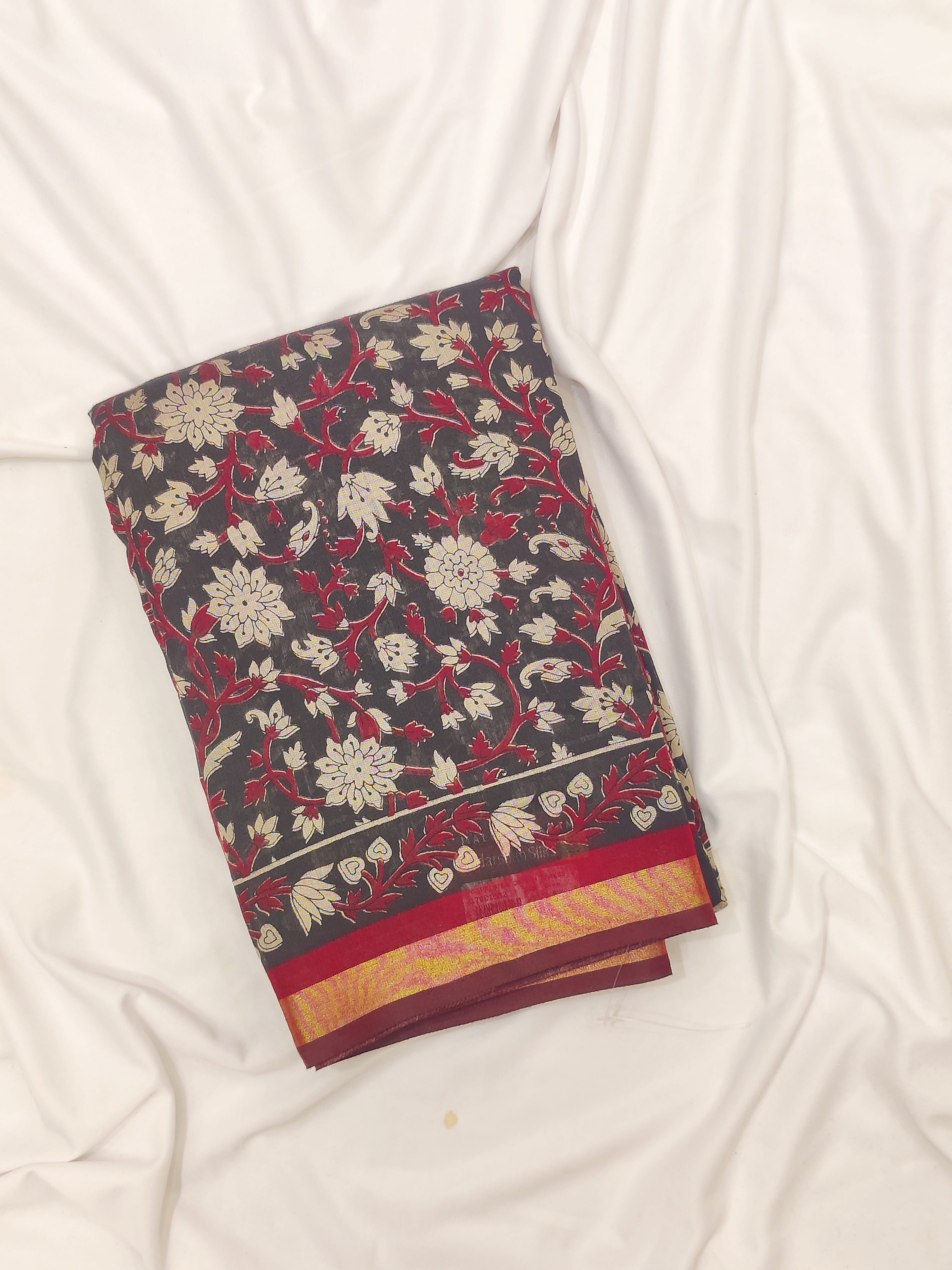 Black Printed Saree – Red Border – Shop Online