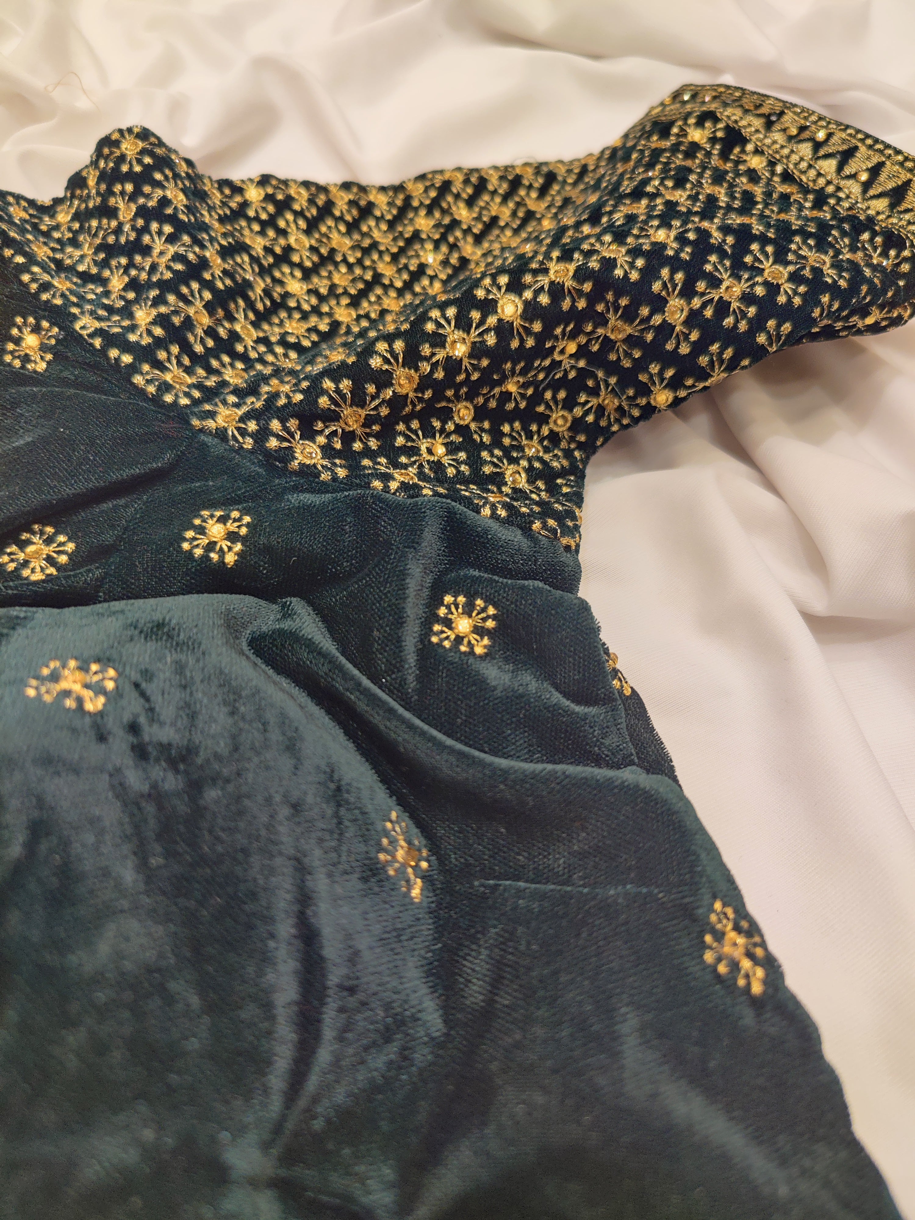 Bottle Green Velvet Full Sleeve Blouse – Stone Work – Shop Online