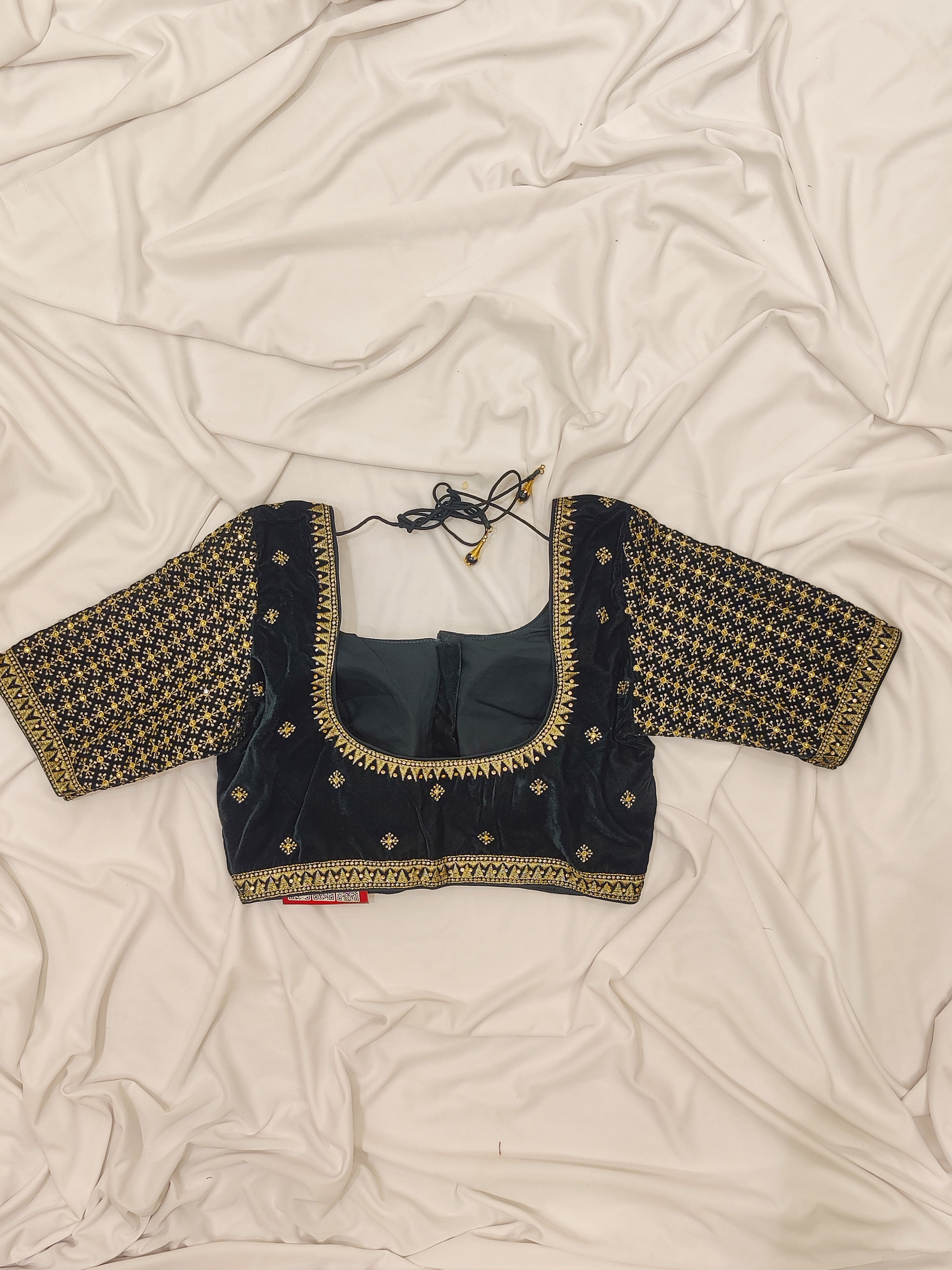 Bottle Green Velvet Full Sleeve Blouse – Stone Work – Shop Online