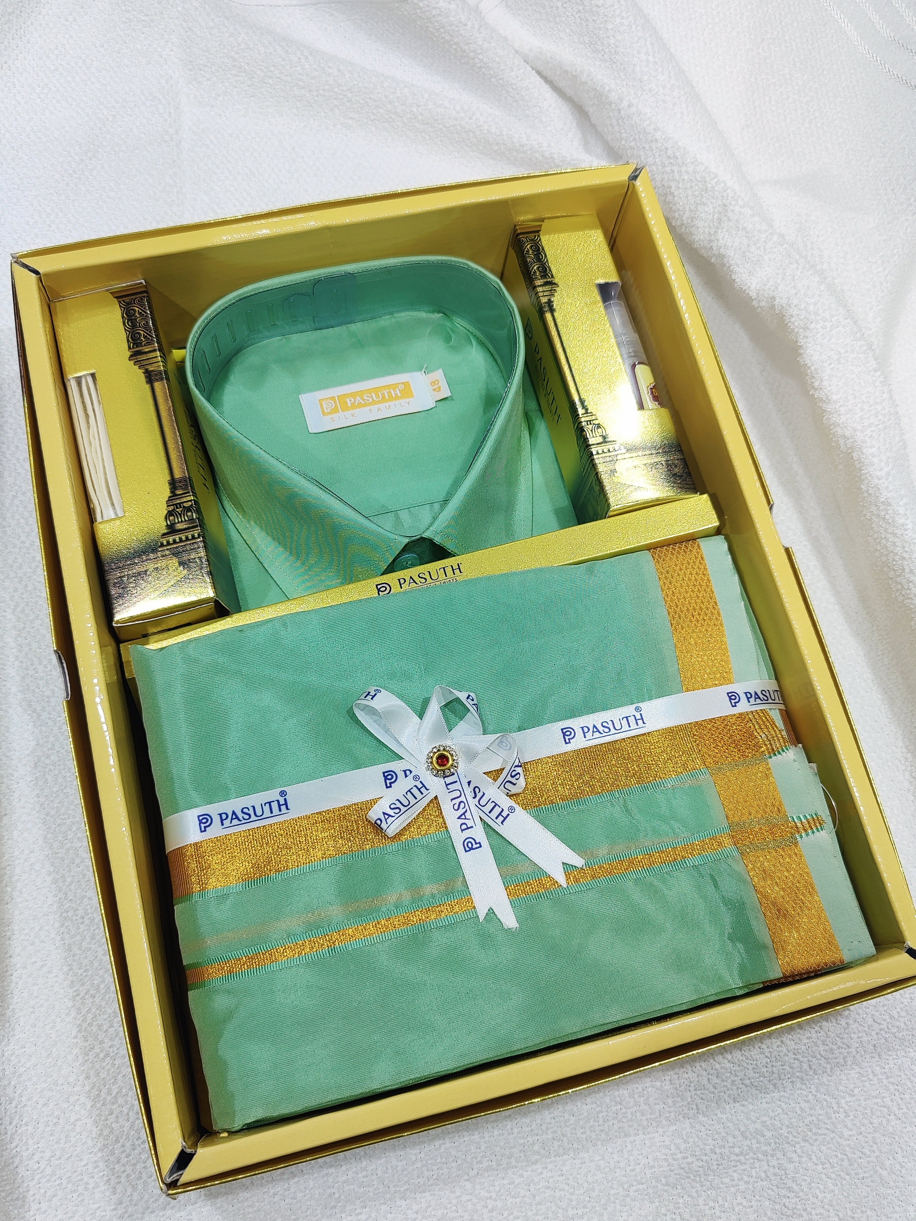 "Light Green Dhoti Set with Dhoti, Shirt, Belt & Perfume – Wedding Collection for Men"