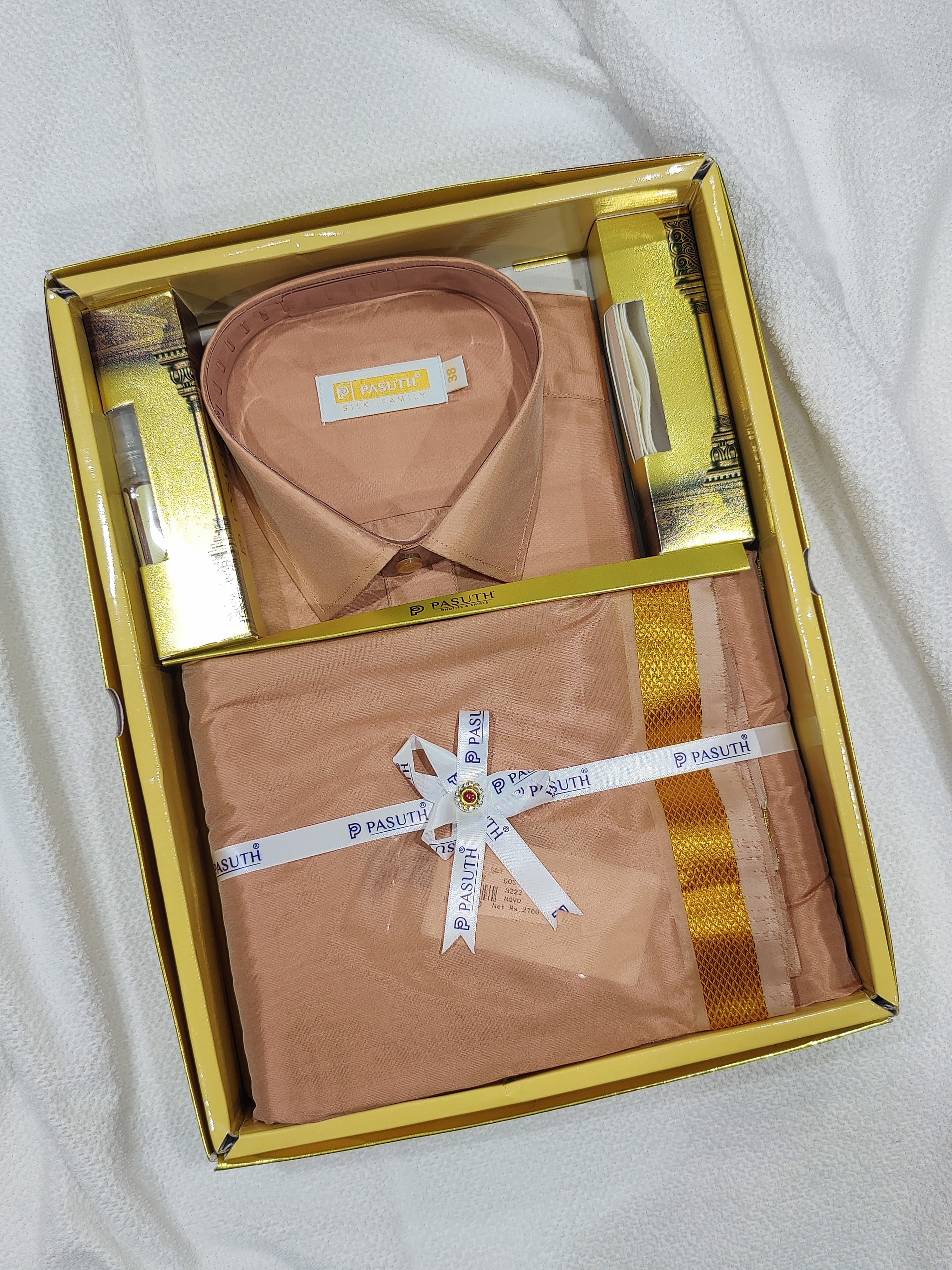 "Copper Dhoti Set with Dhoti, Shirt, Belt & Perfume – Wedding Collection for Men"