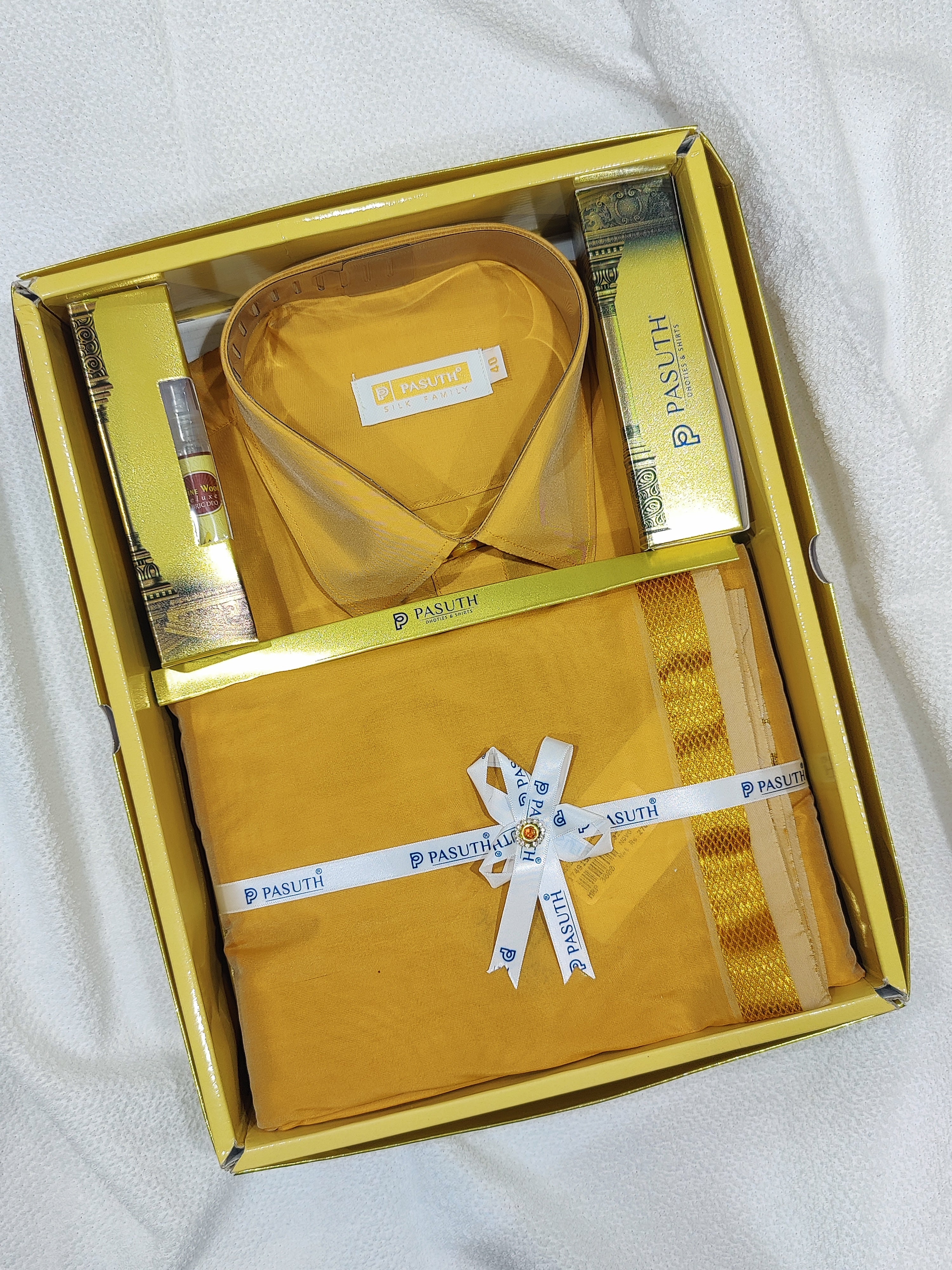 "Elegant Gold Dhoti Set with Dhoti, Shirt, Belt & Perfume – Wedding Collection"