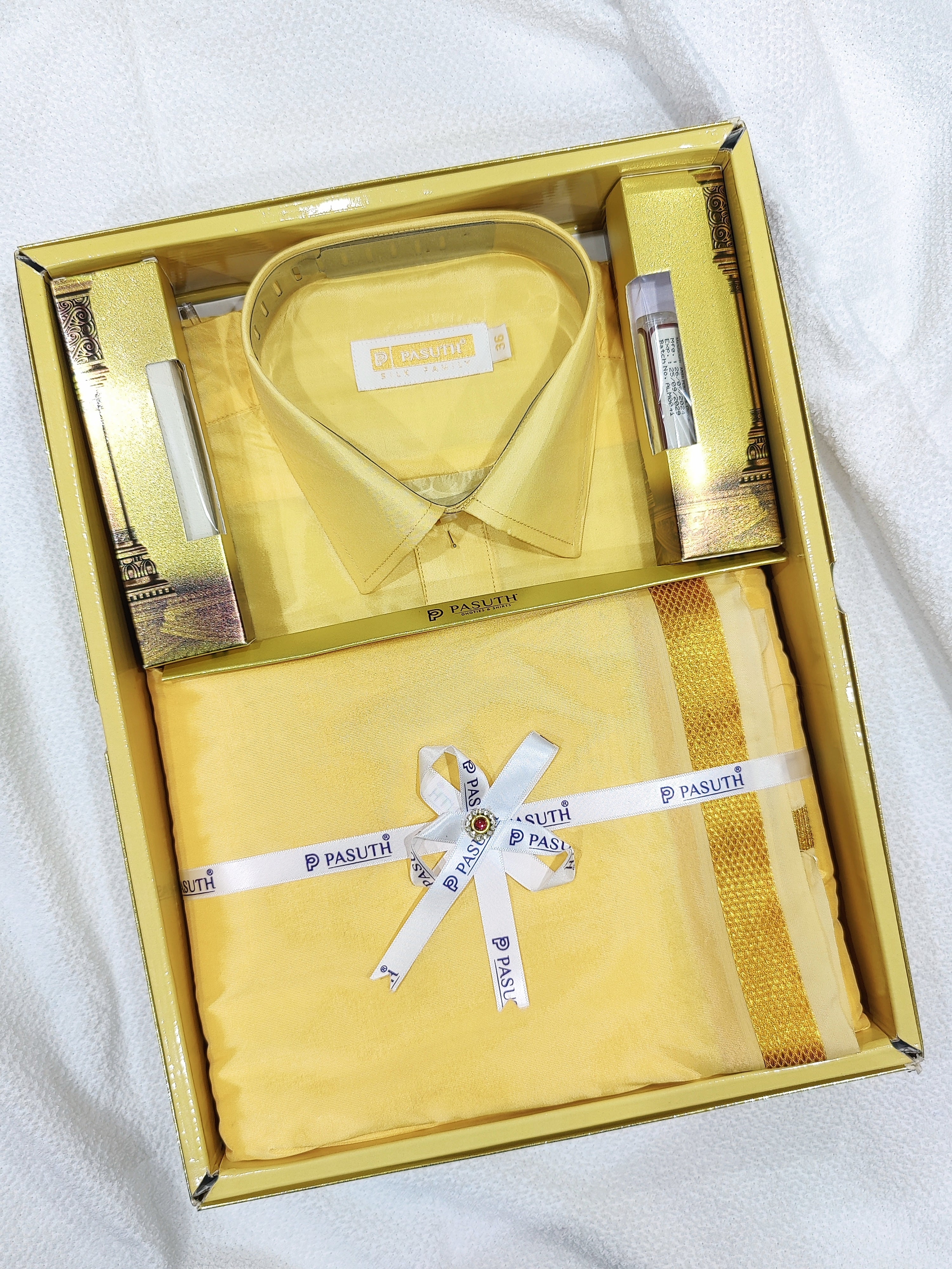 Yellowish Gold Dhoti Set with Dhoti, Shirt, Belt & Perfume – Wedding Collection