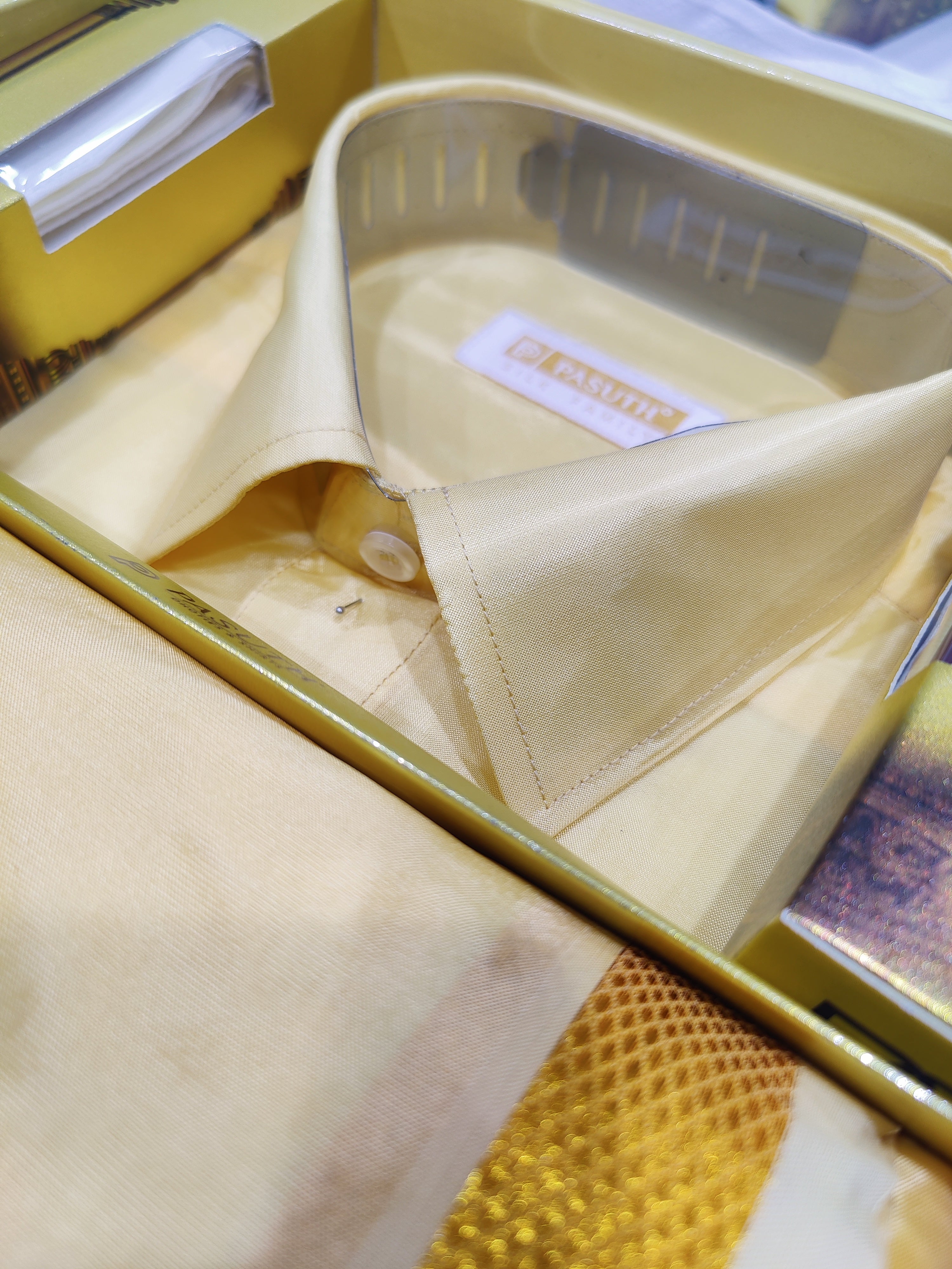 Yellowish Gold Dhoti Set with Dhoti, Shirt, Belt & Perfume – Wedding Collection