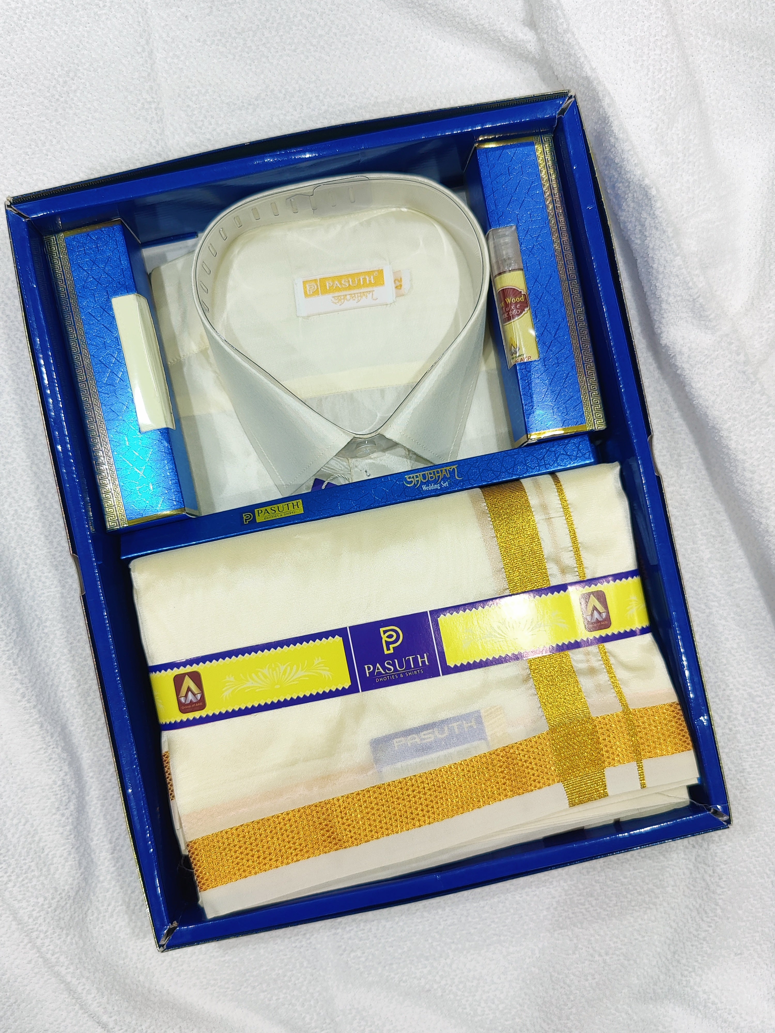 White Dhoti Set with Dhoti, Shirt, Belt & Perfume – Wedding Collection for Men