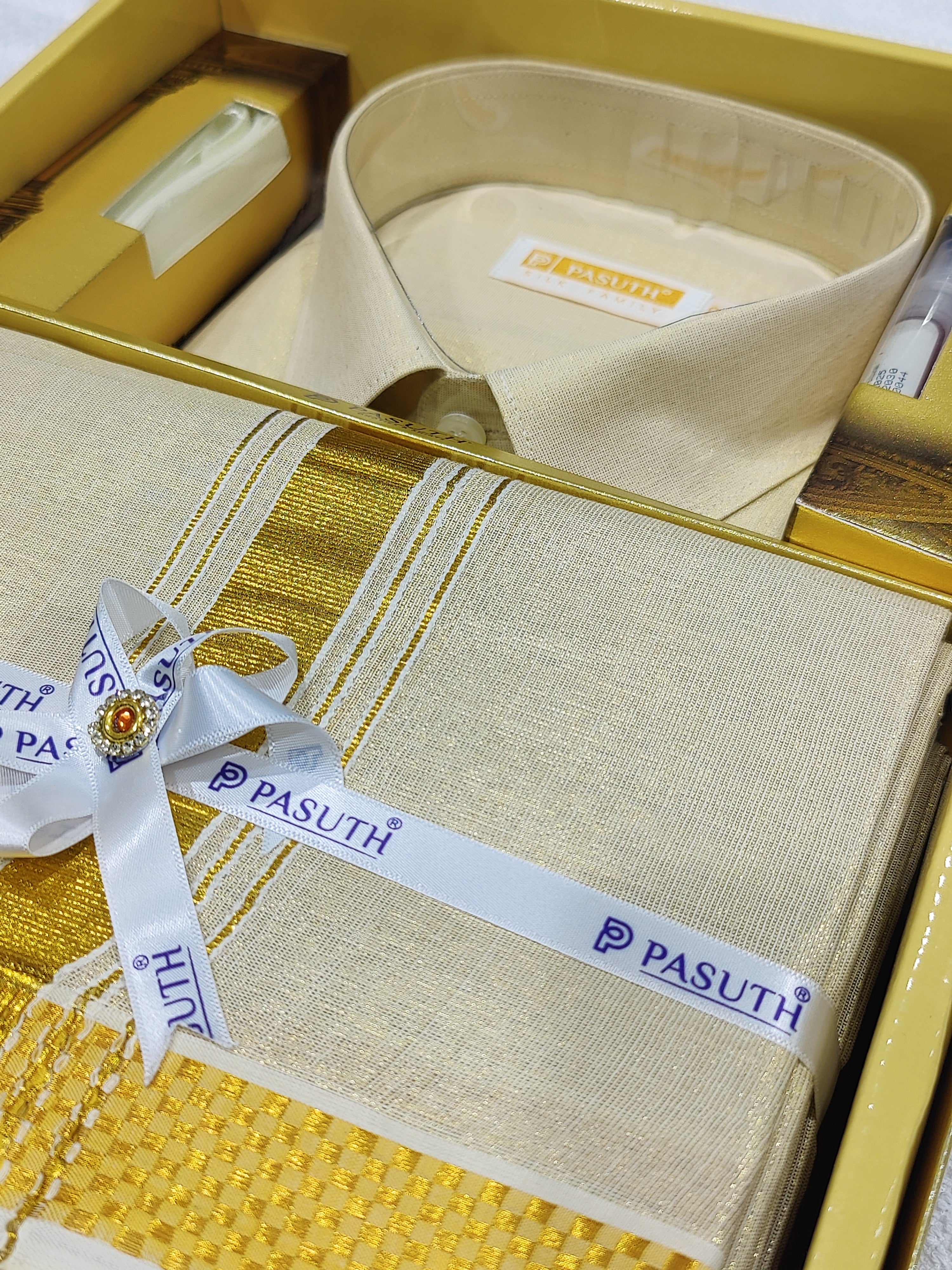 Gold Dhoti Set with Dhoti, Shirt, Belt & Perfume – Wedding Collection for Men