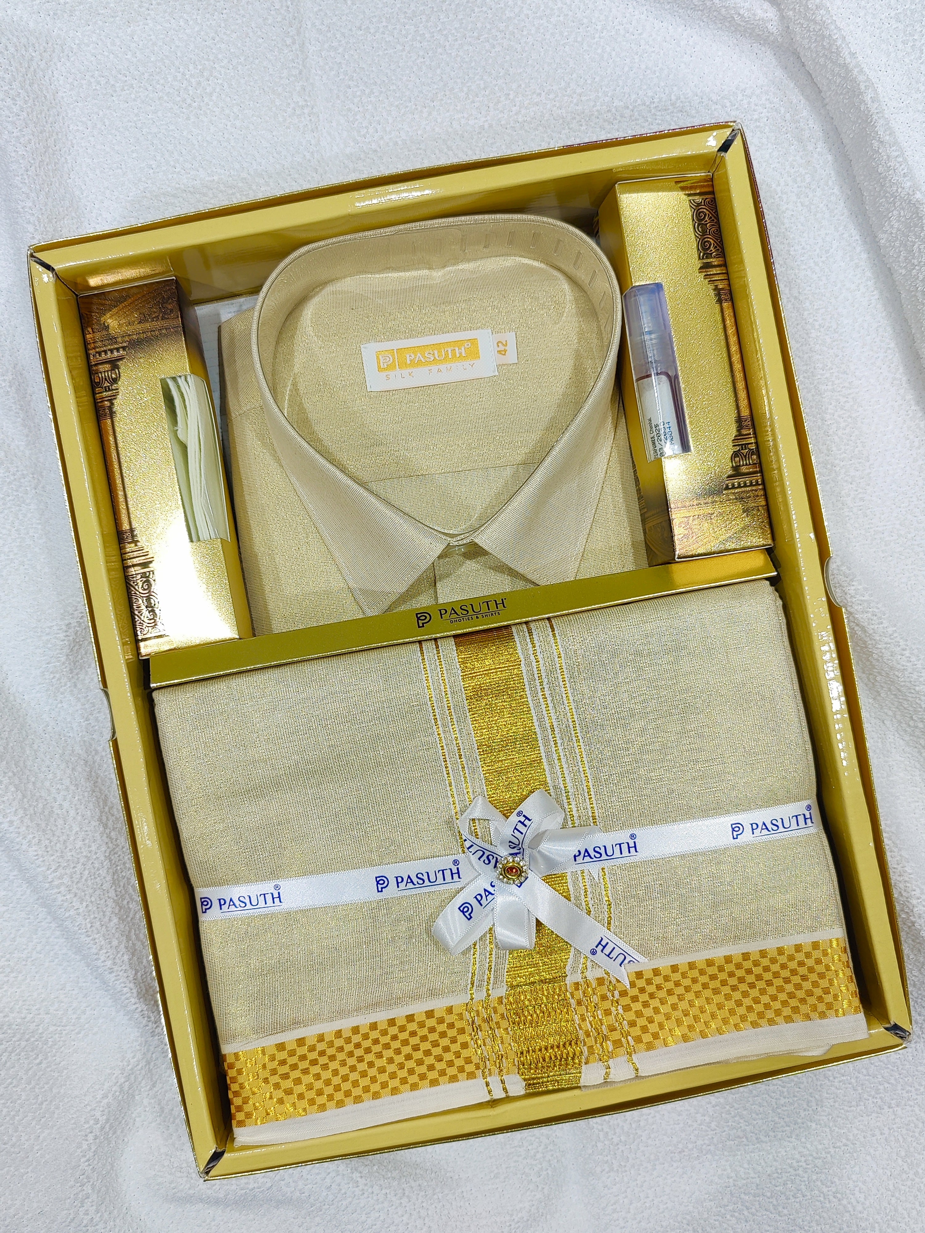 Gold Dhoti Set with Dhoti, Shirt, Belt & Perfume – Wedding Collection for Men