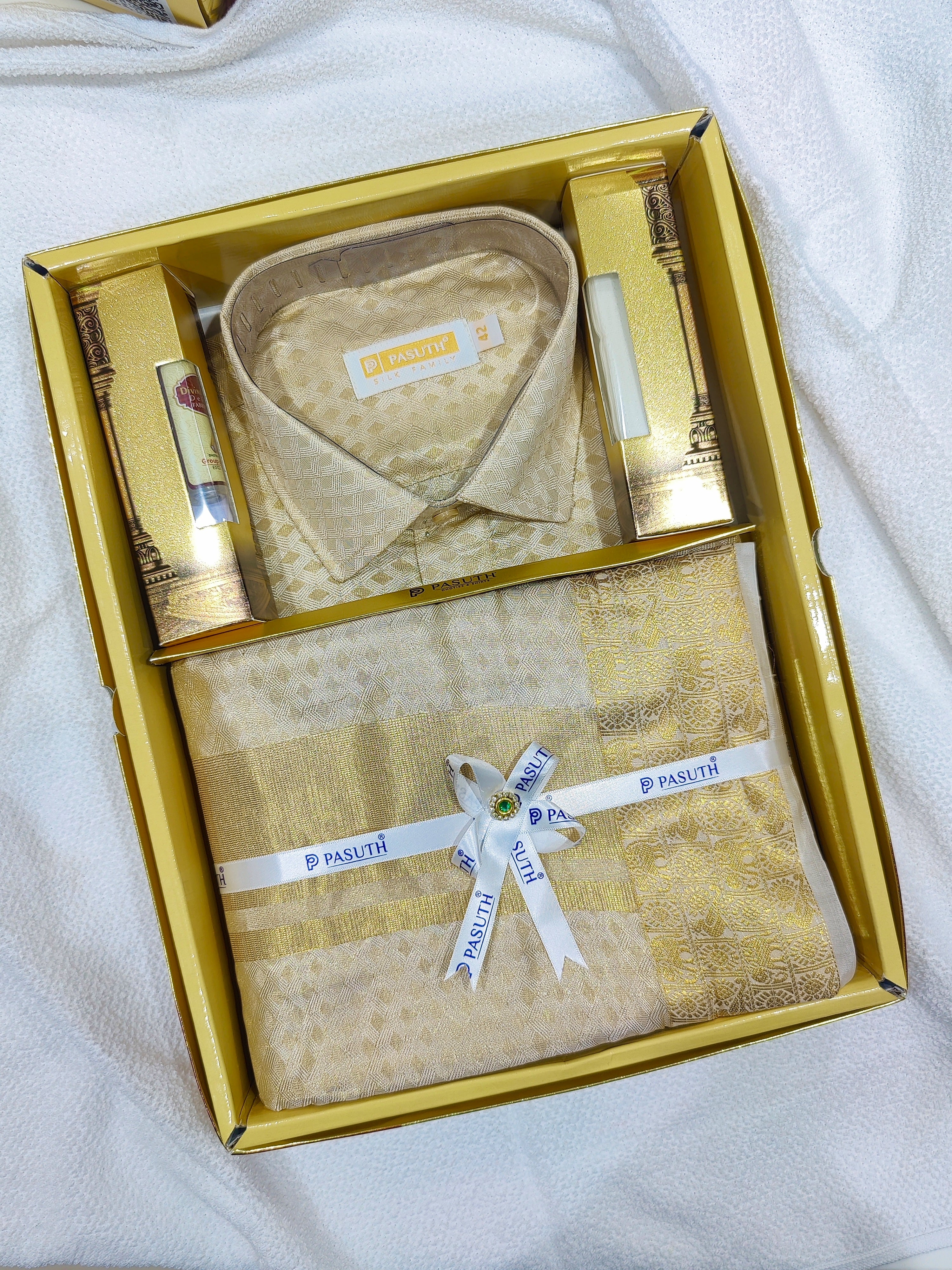 Gold Diamond Checks Dhoti Set with Dhoti, Shirt, Belt & Perfume – Wedding Collection for Men