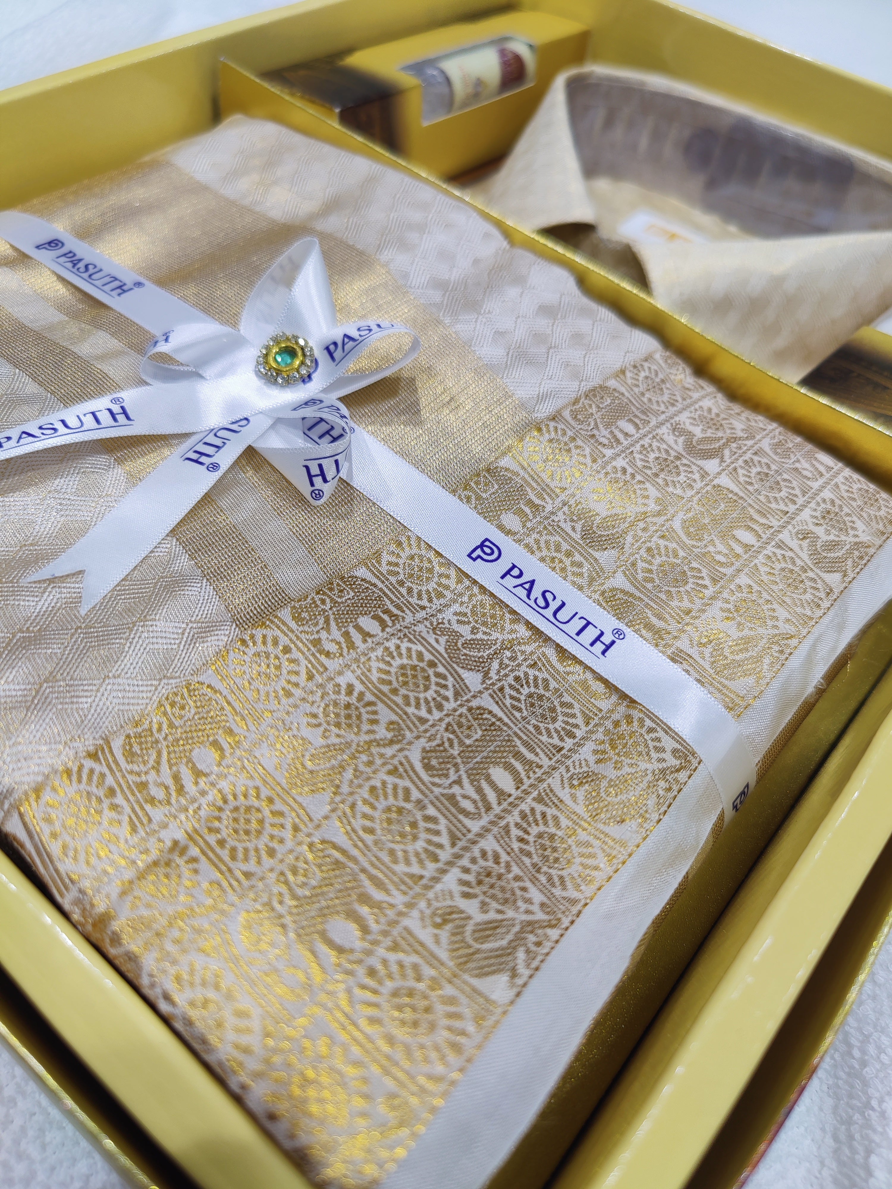 Gold Diamond Checks Dhoti Set with Dhoti, Shirt, Belt & Perfume – Wedding Collection for Men