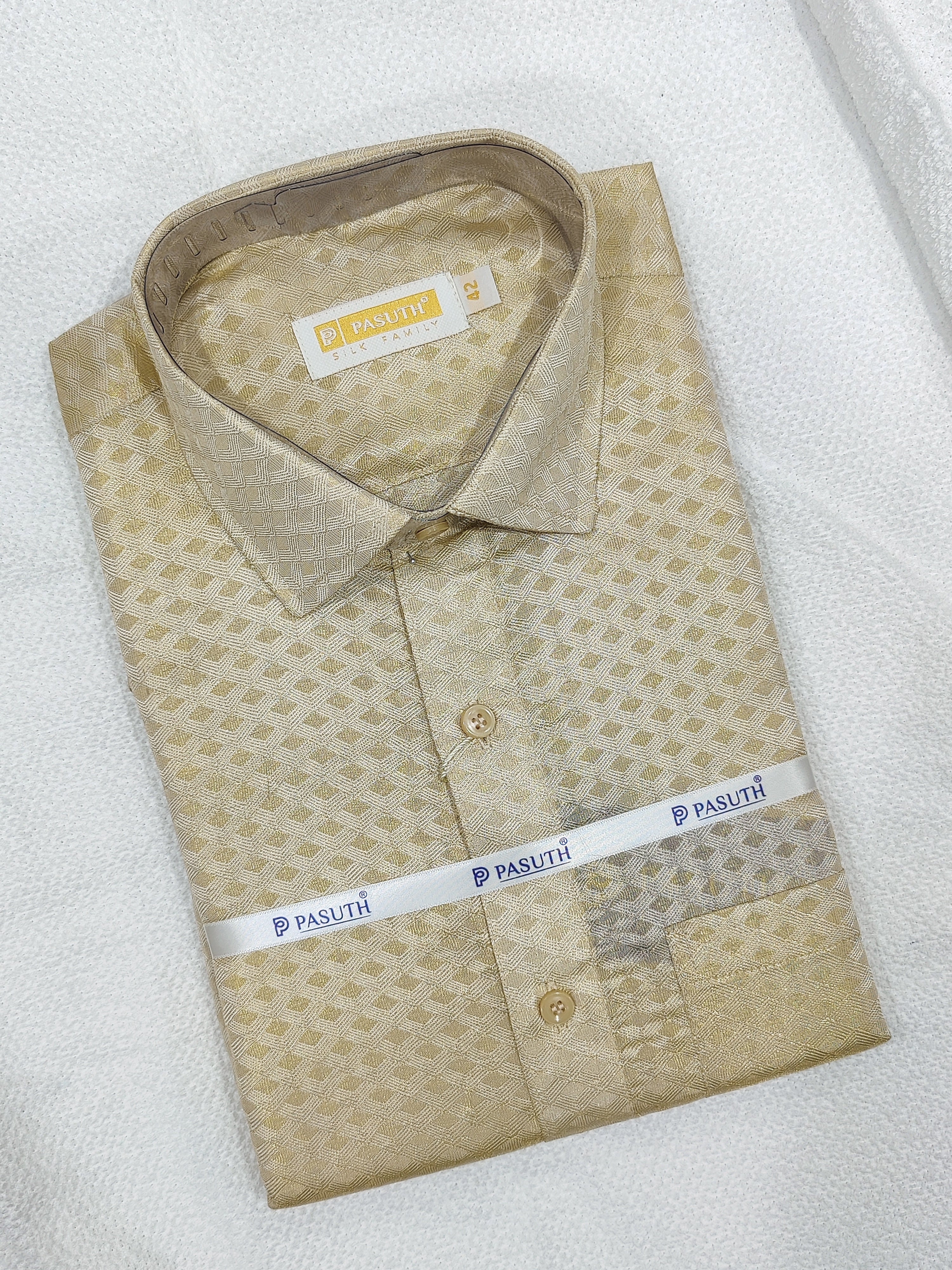 Gold Diamond Checks Dhoti Set with Dhoti, Shirt, Belt & Perfume – Wedding Collection for Men
