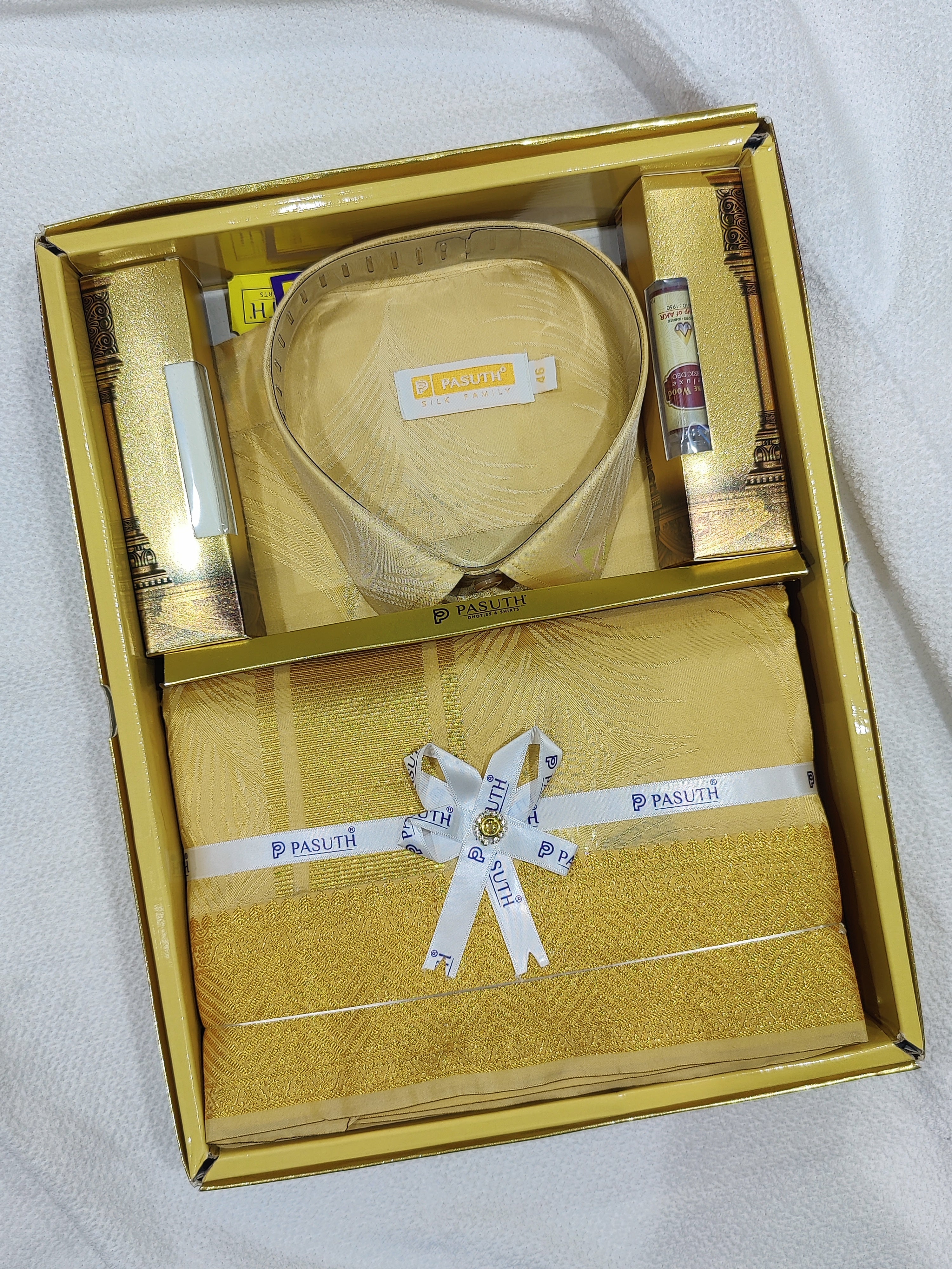 Gold Zari Work Dhoti Set with Dhoti, Shirt, Belt & Perfume – Wedding Collection for Men