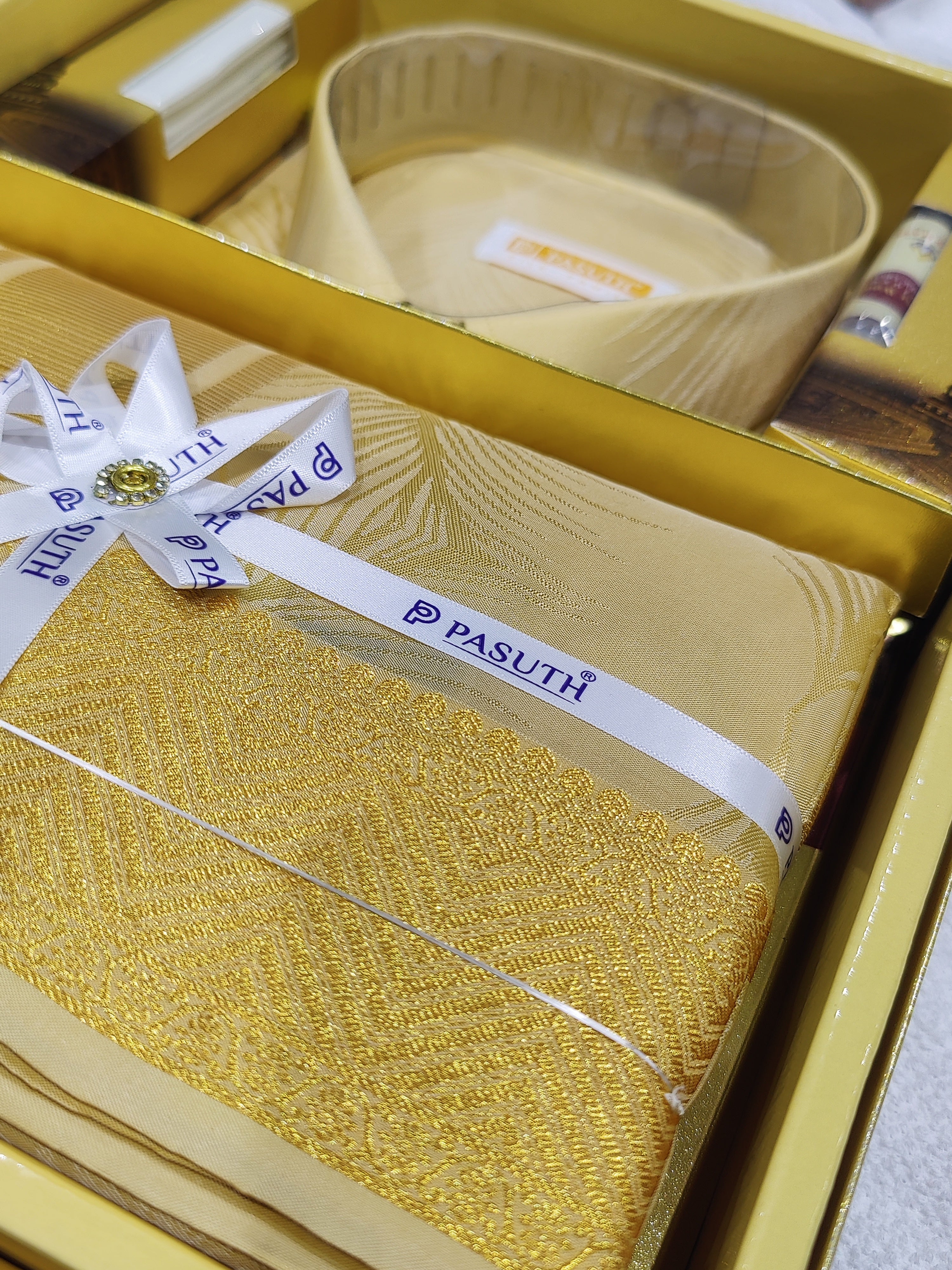 Gold Zari Work Dhoti Set with Dhoti, Shirt, Belt & Perfume – Wedding Collection for Men