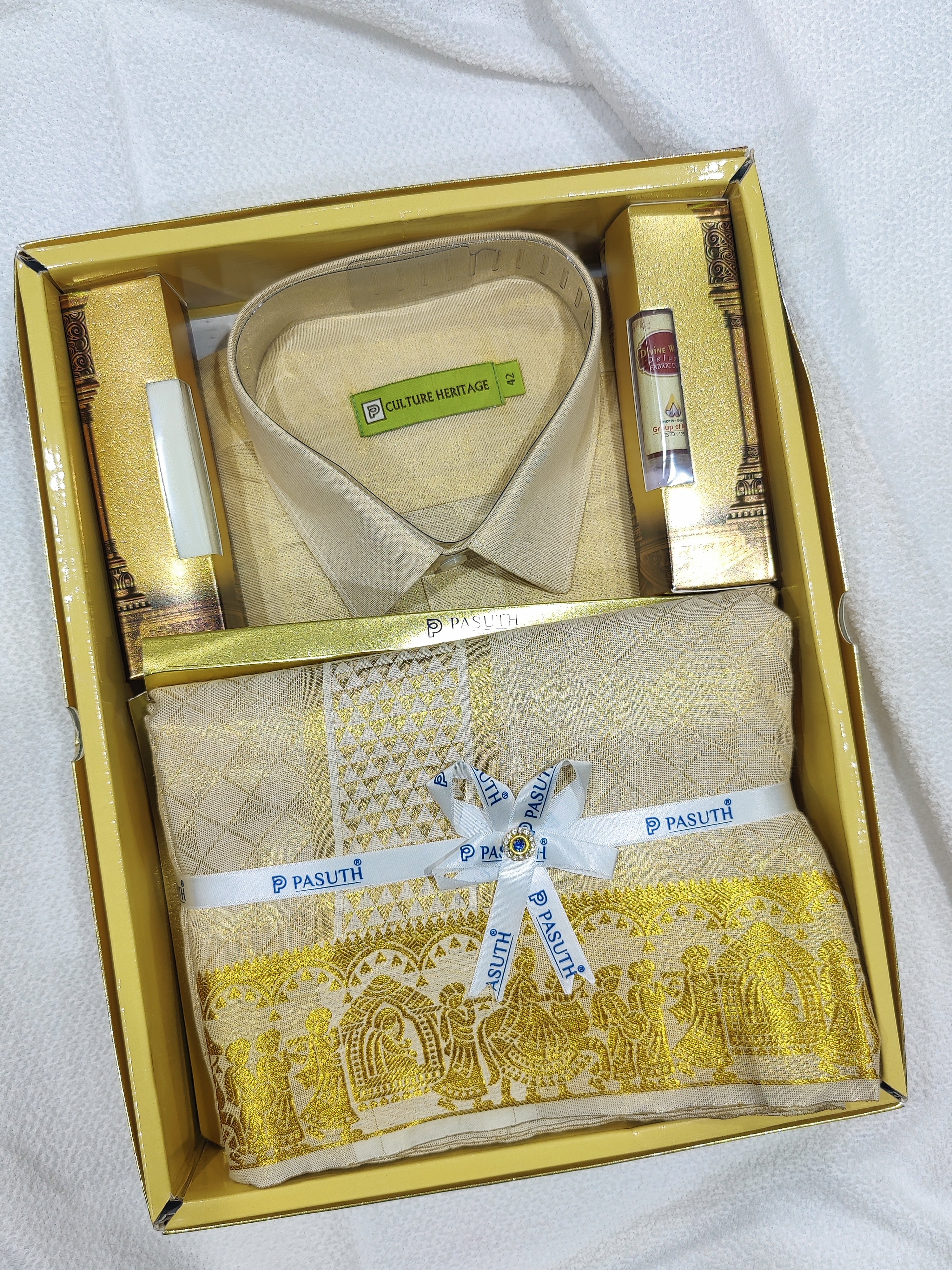 Palak Gold Zari Work Dhoti Set with Dhoti, Shirt, Belt & Perfume – Wedding Collection for Men