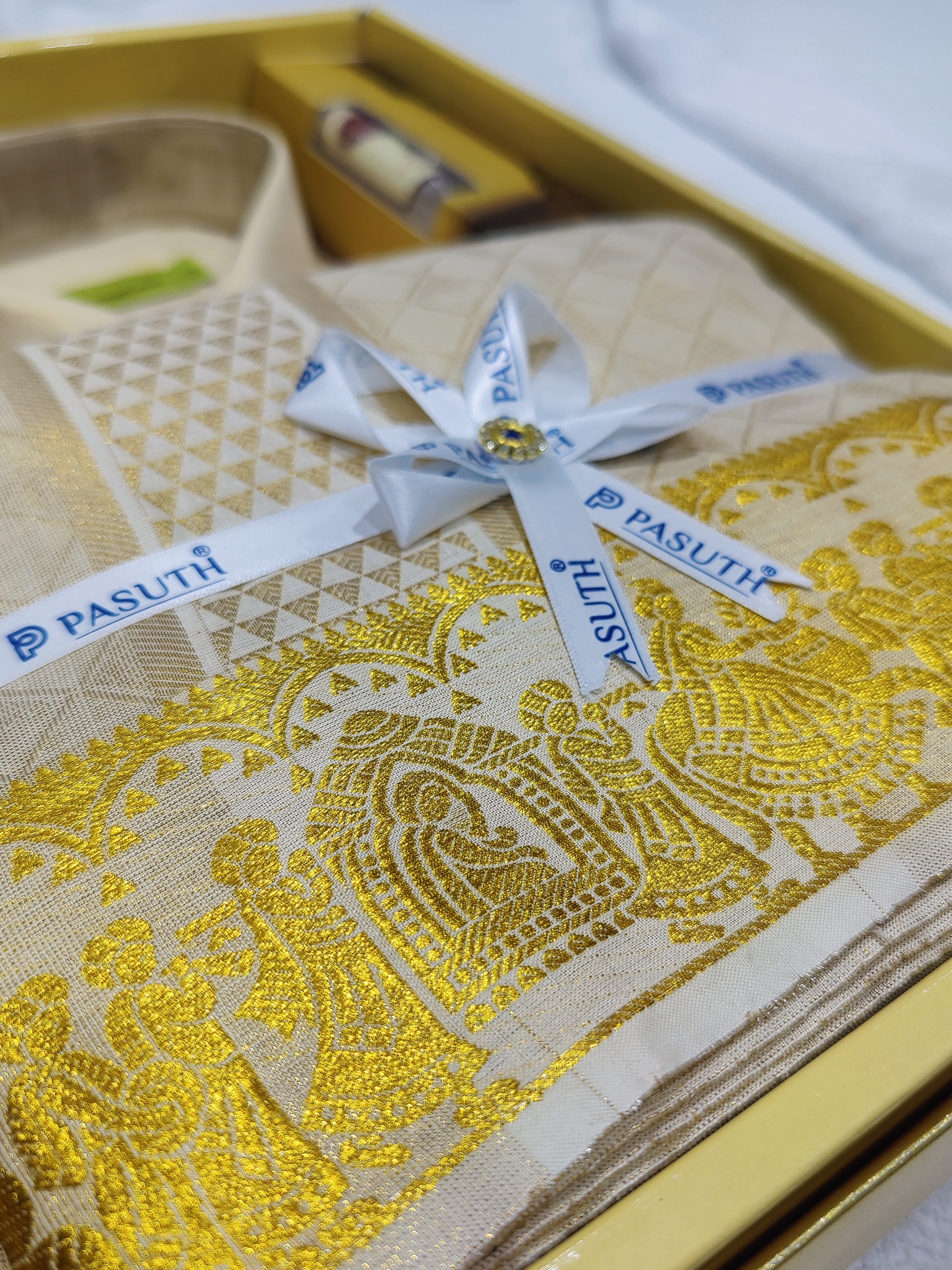 Palak Gold Zari Work Dhoti Set with Dhoti, Shirt, Belt & Perfume – Wedding Collection for Men