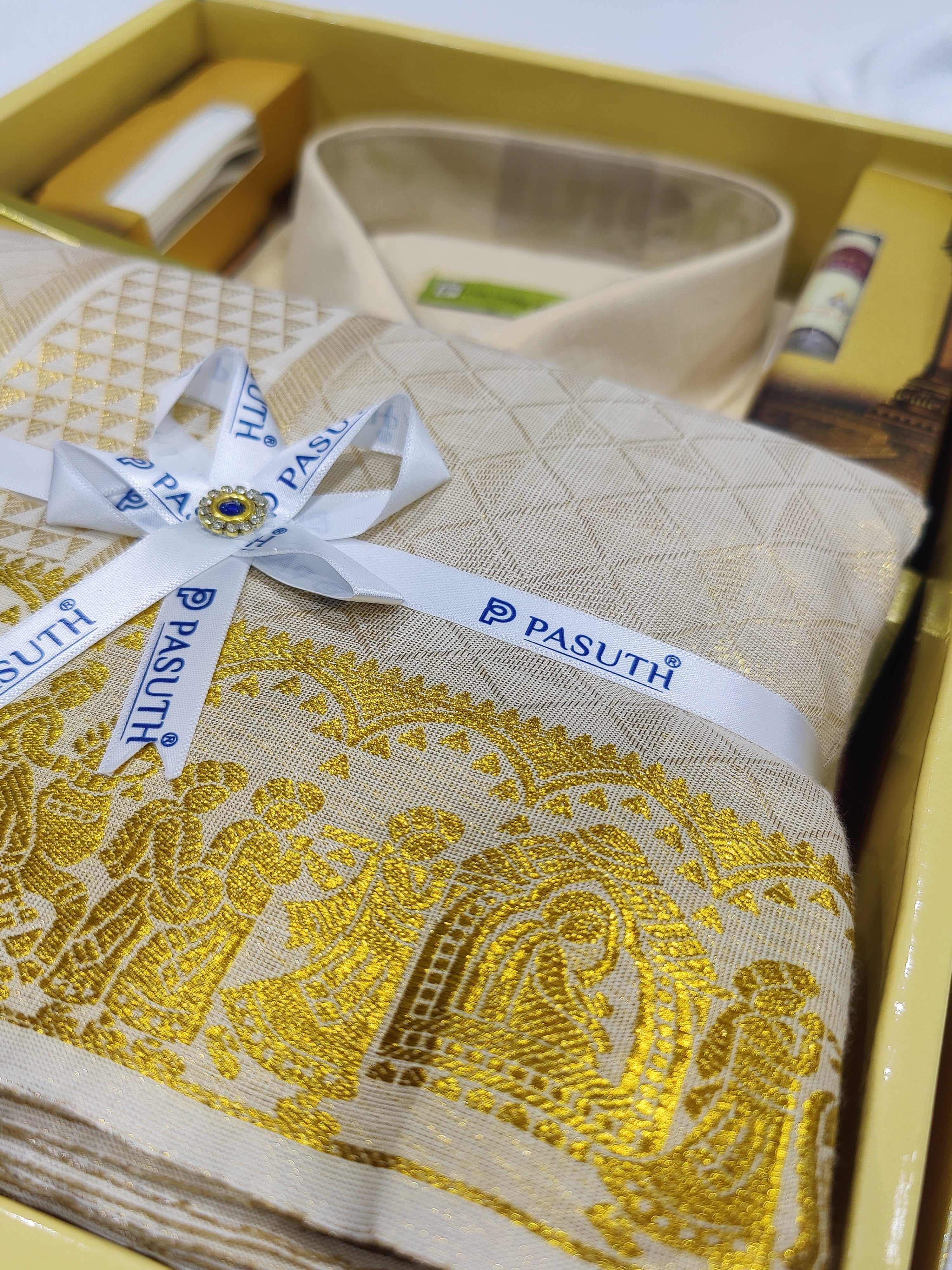 Palak Gold Zari Work Dhoti Set with Dhoti, Shirt, Belt & Perfume – Wedding Collection for Men