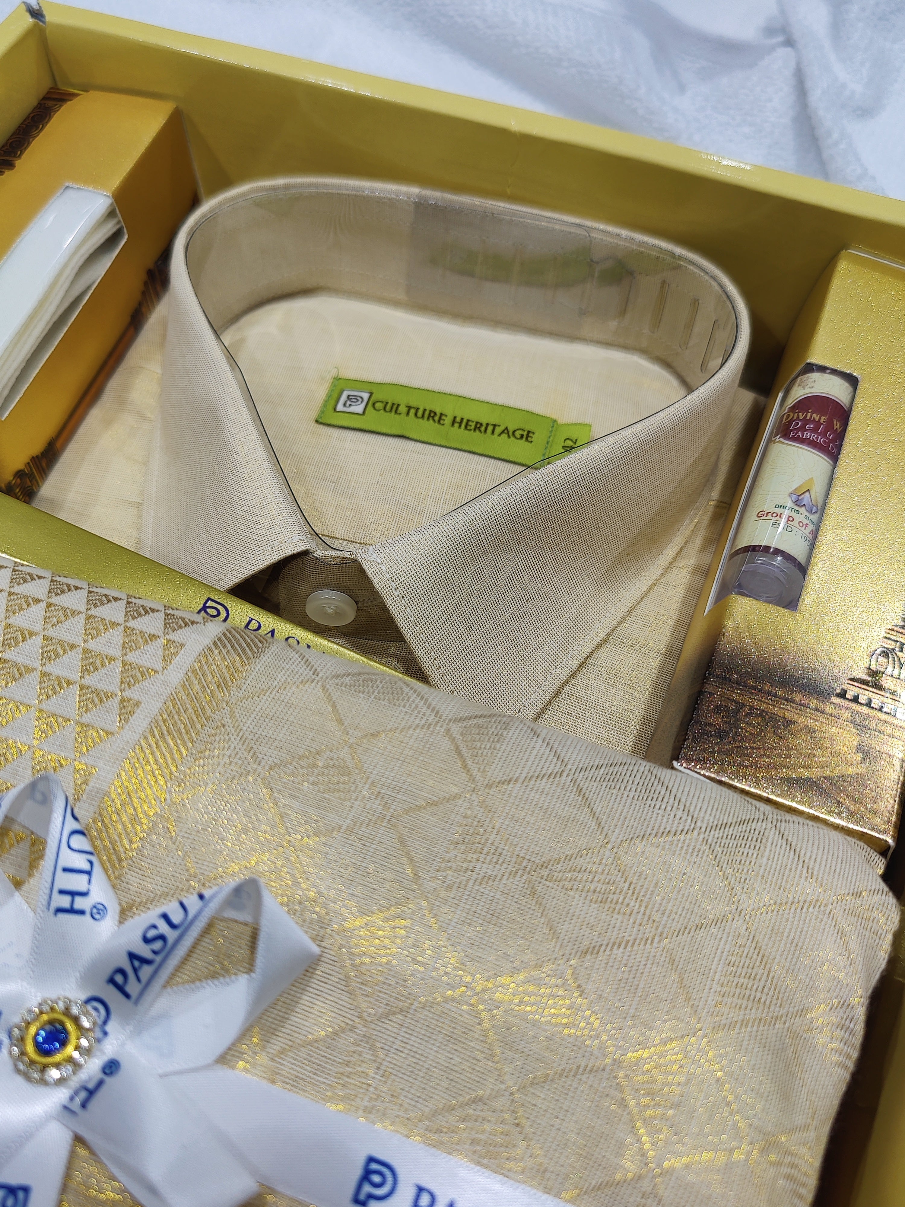 Palak Gold Zari Work Dhoti Set with Dhoti, Shirt, Belt & Perfume – Wedding Collection for Men