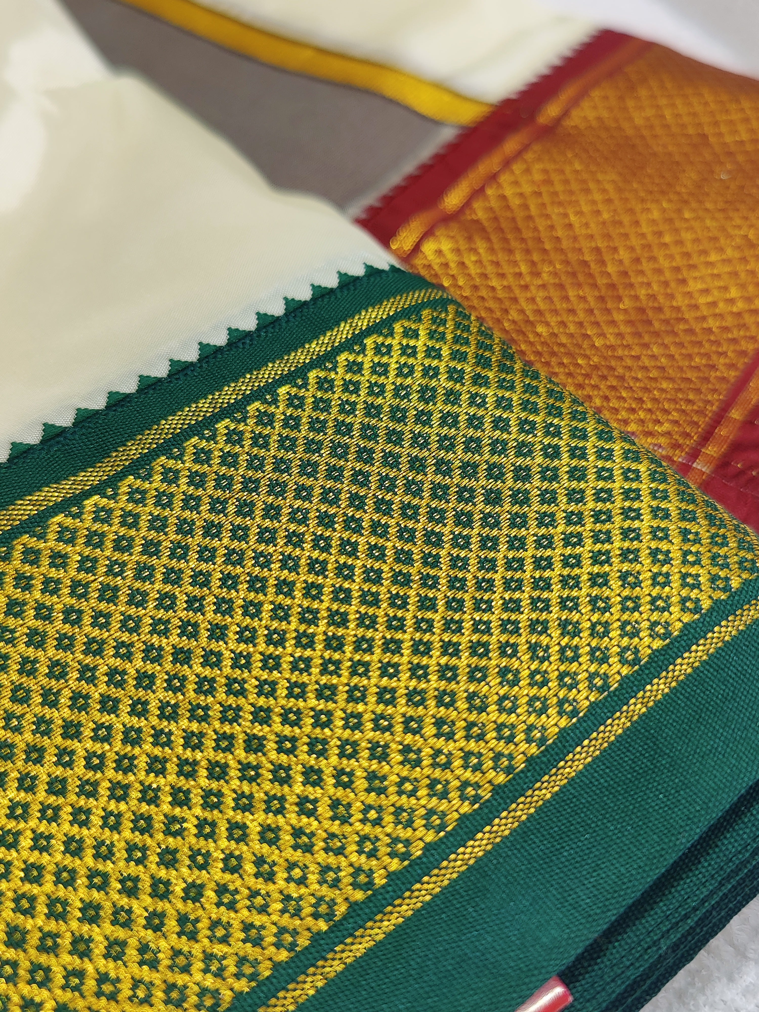 Ganga Jamuna Semi Silk Dhoti - Red & Green Border -Shop Online