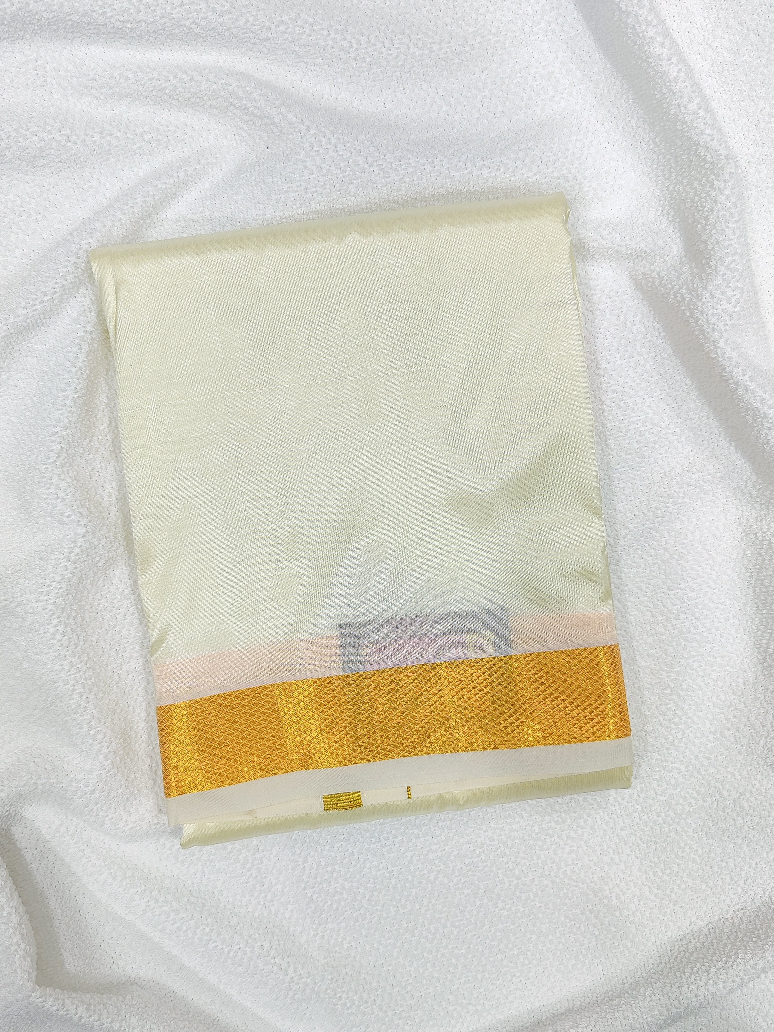 White Semi Silk Dhoti -Gold Zari Border - Shop Online