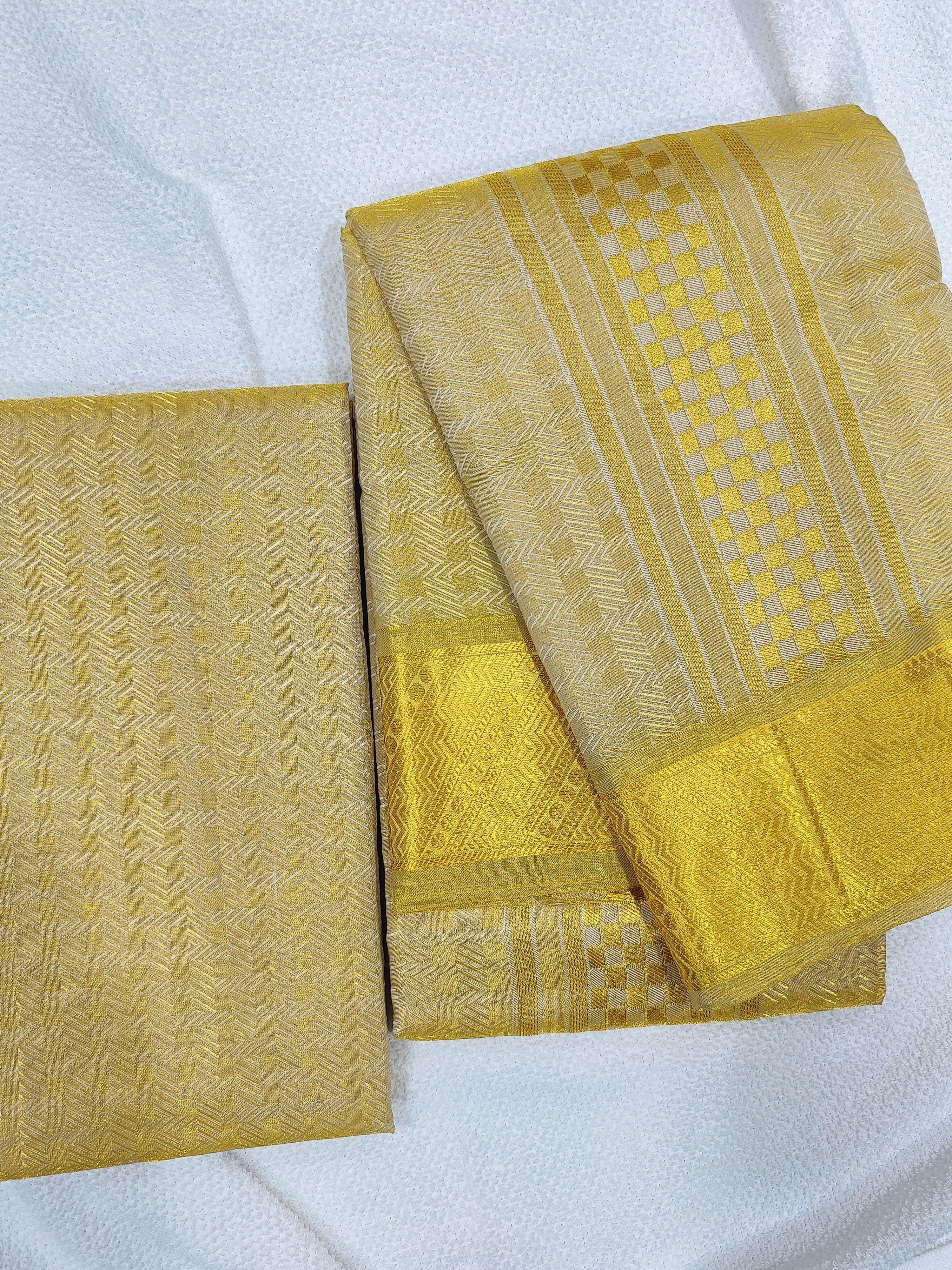 Pure Kanjivaram Silk Dhoti & Shirt Piece -Gold Zari work Border - Shop Online - Wedding Collection