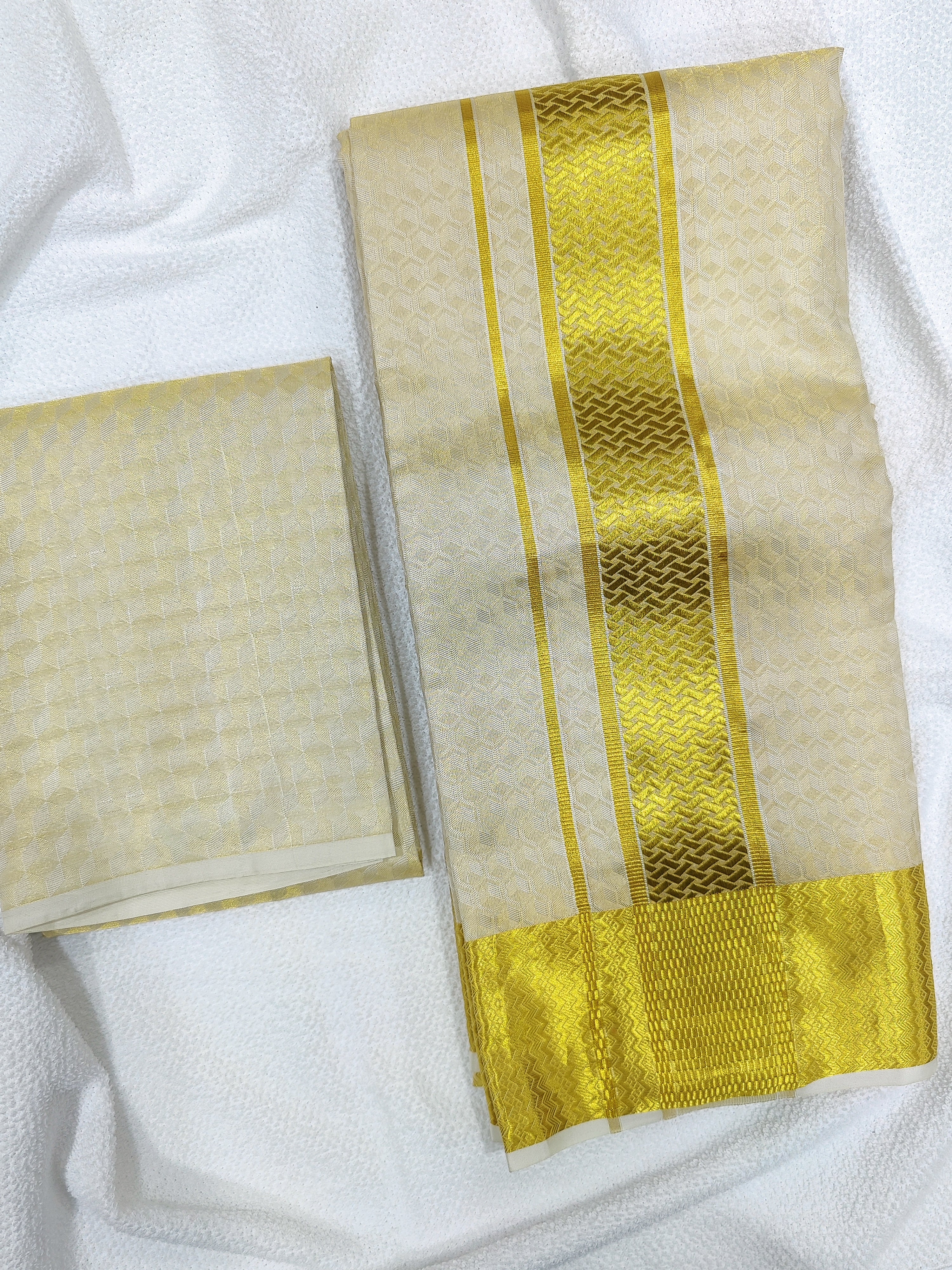Pure Gold Kanjivaram Silk Dhoti & Shirt Piece -Gold Zari work Border - Shop Online - Wedding Collection