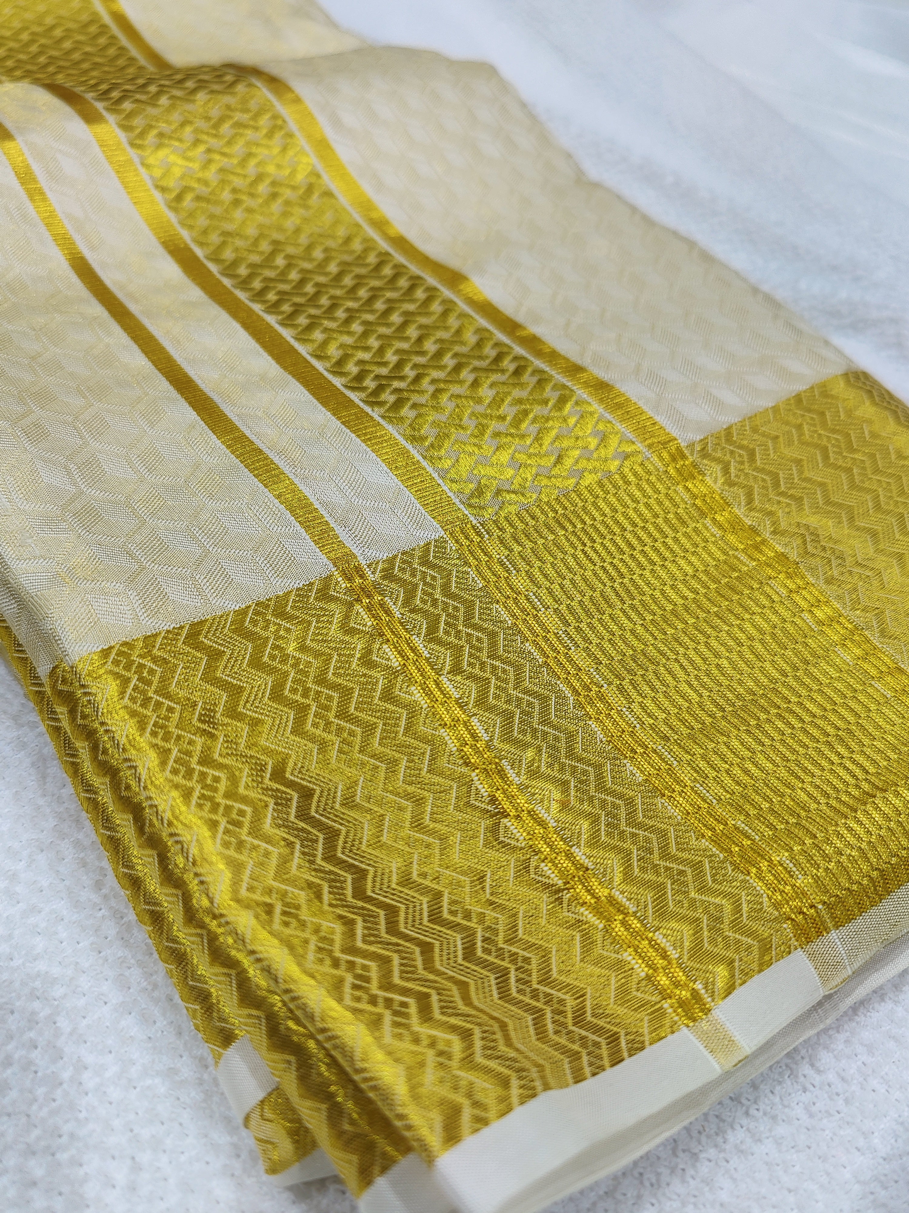 Pure Gold Kanjivaram Silk Dhoti & Shirt Piece -Gold Zari work Border - Shop Online - Wedding Collection