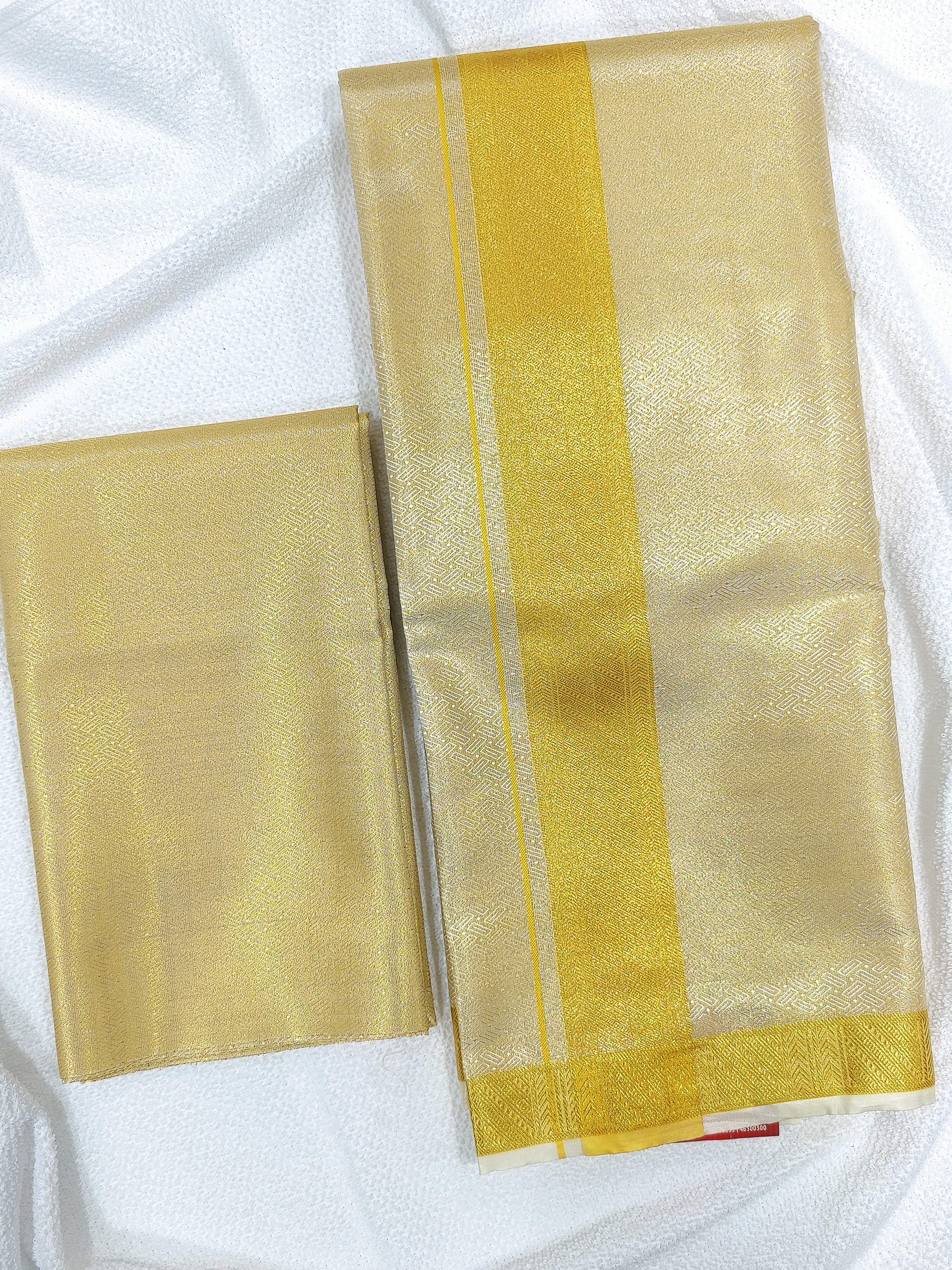 Pure Gold Kanjivaram Silk Dhoti & Shirt Piece -Gold Zari Border - Shop Online - Wedding