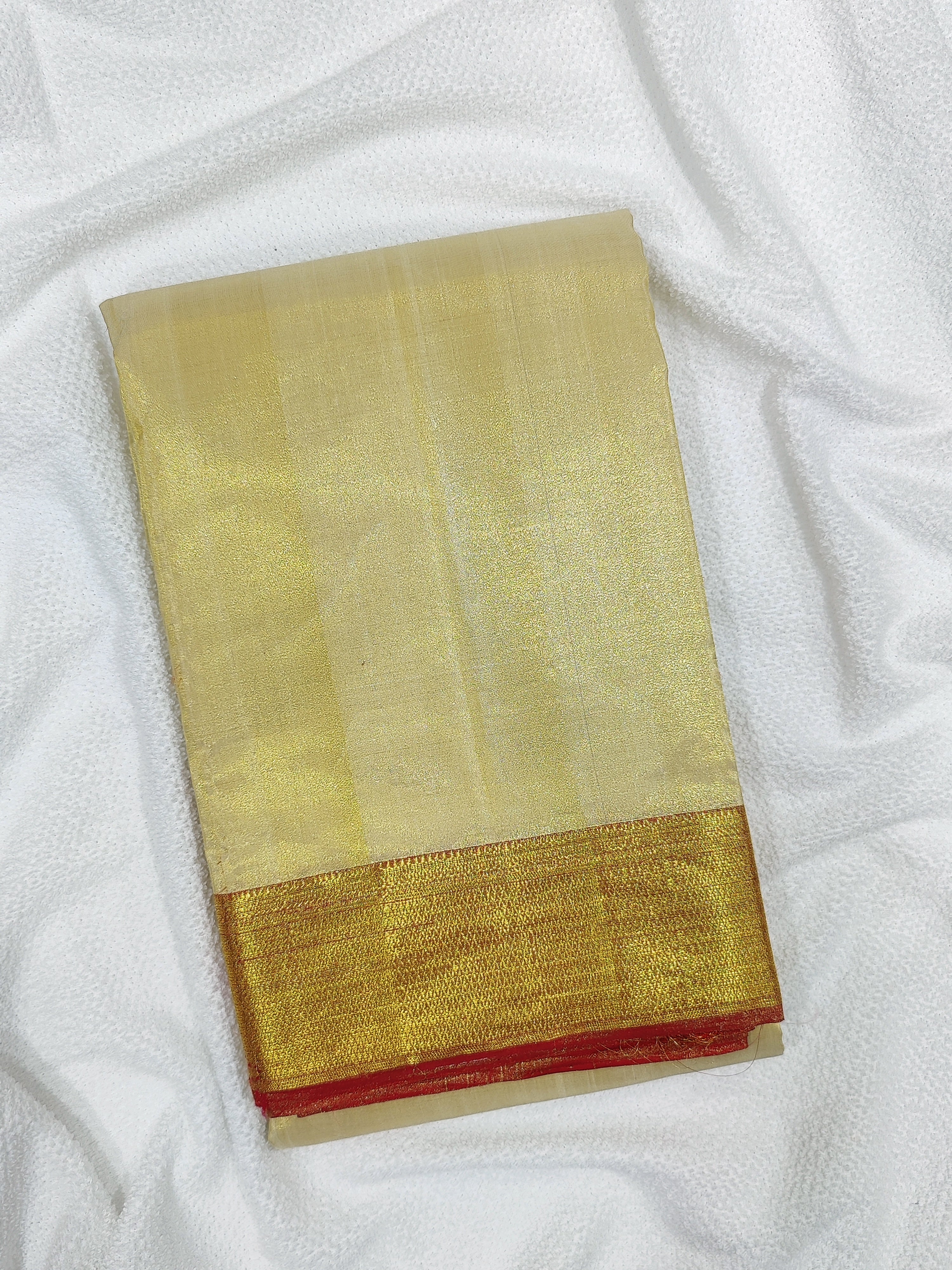 Gold Tissue Kanjivaram Silk Dhoti & Shirt Piece - Red Zari Border - Shop Online - Wedding Collectiion