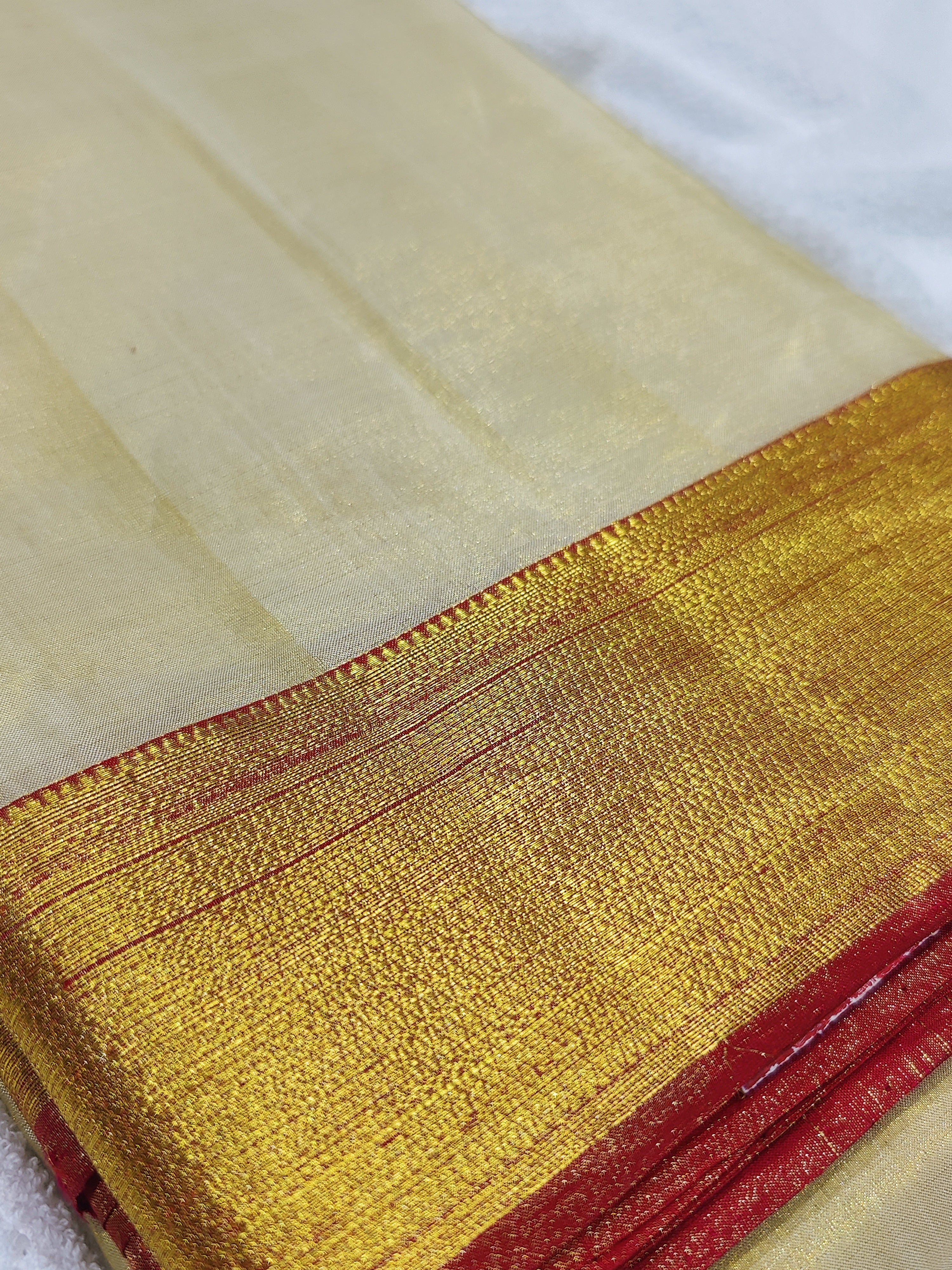Gold Tissue Kanjivaram Silk Dhoti & Shirt Piece - Red Zari Border - Shop Online - Wedding Collectiion