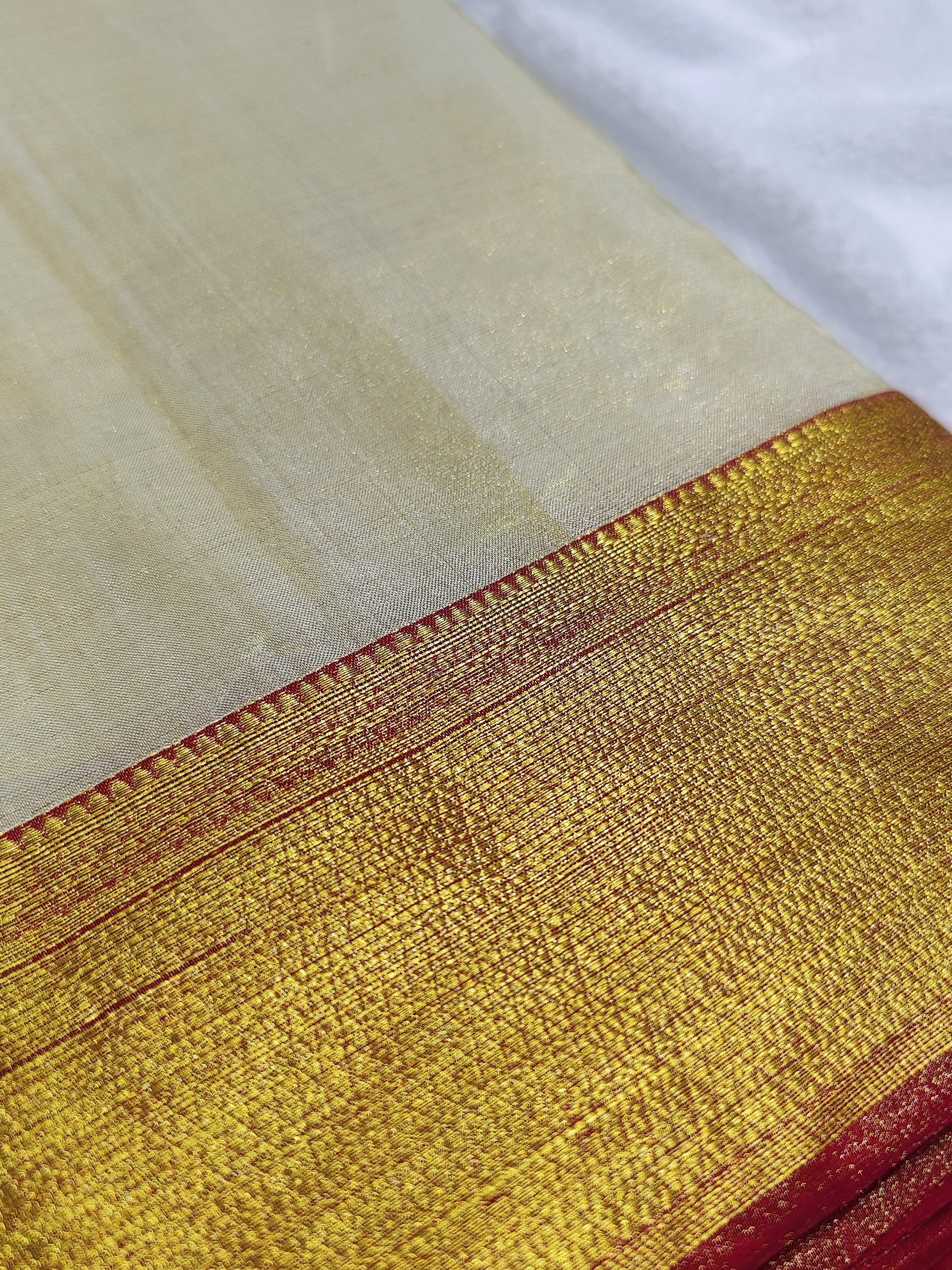Gold Tissue Kanjivaram Silk Dhoti & Shirt Piece - Red Zari Border - Shop Online - Wedding Collectiion