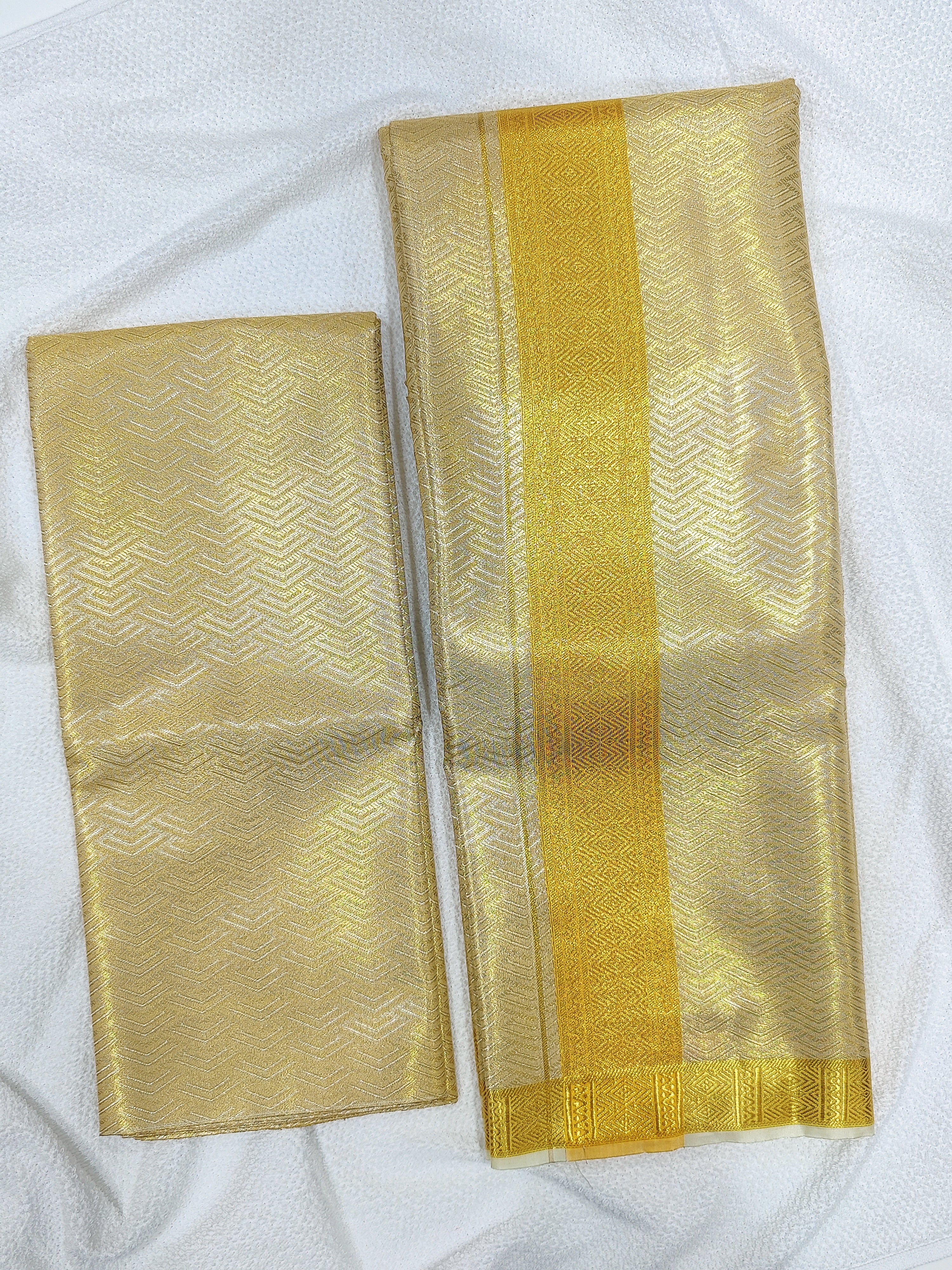 Art Silk Dhoti & Shirt Piece - Gold lines Zari Border - Shop Online - Budget Wedding Collectiion
