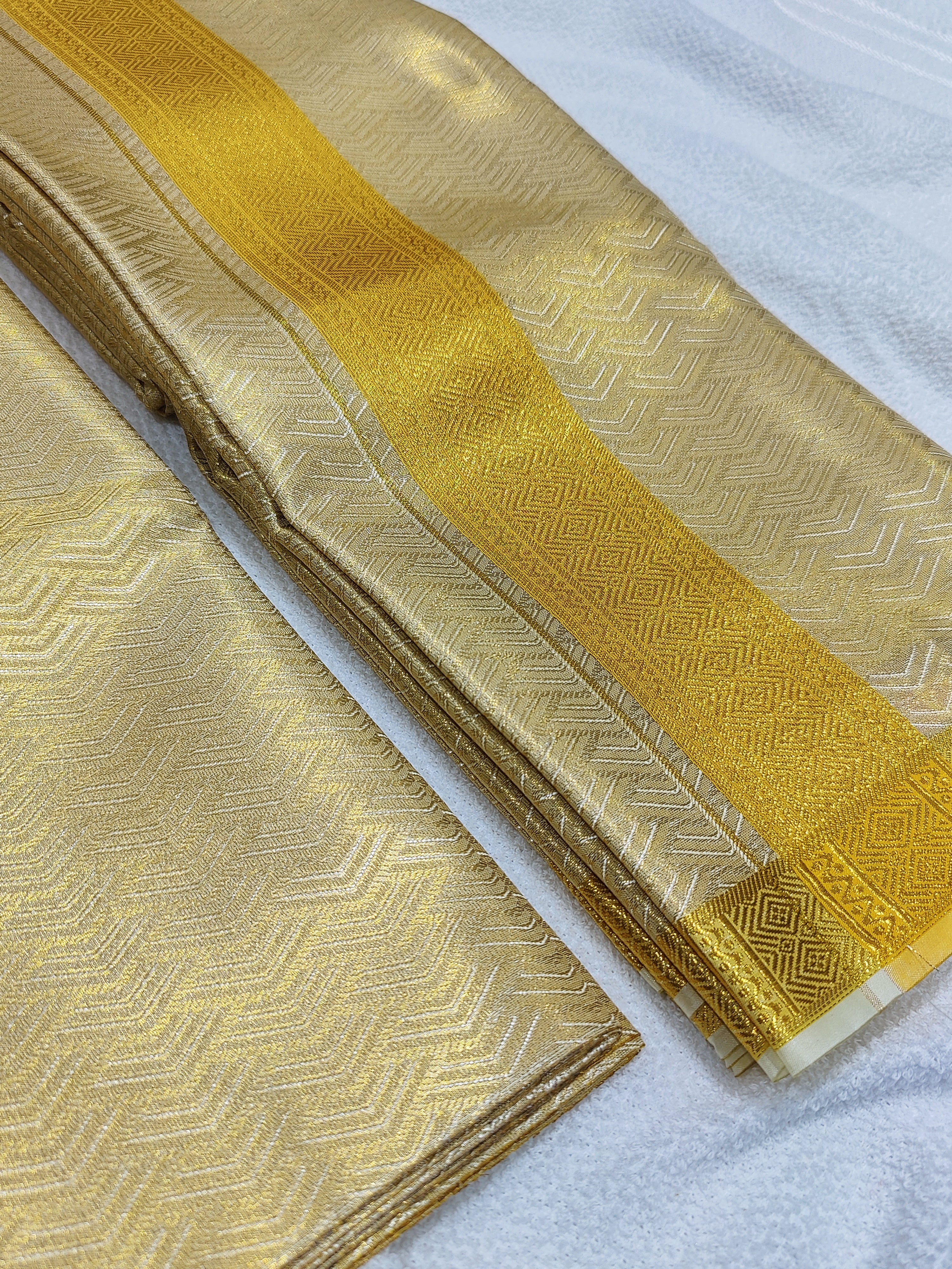 Art Silk Dhoti & Shirt Piece - Gold lines Zari Border - Shop Online - Budget Wedding Collectiion