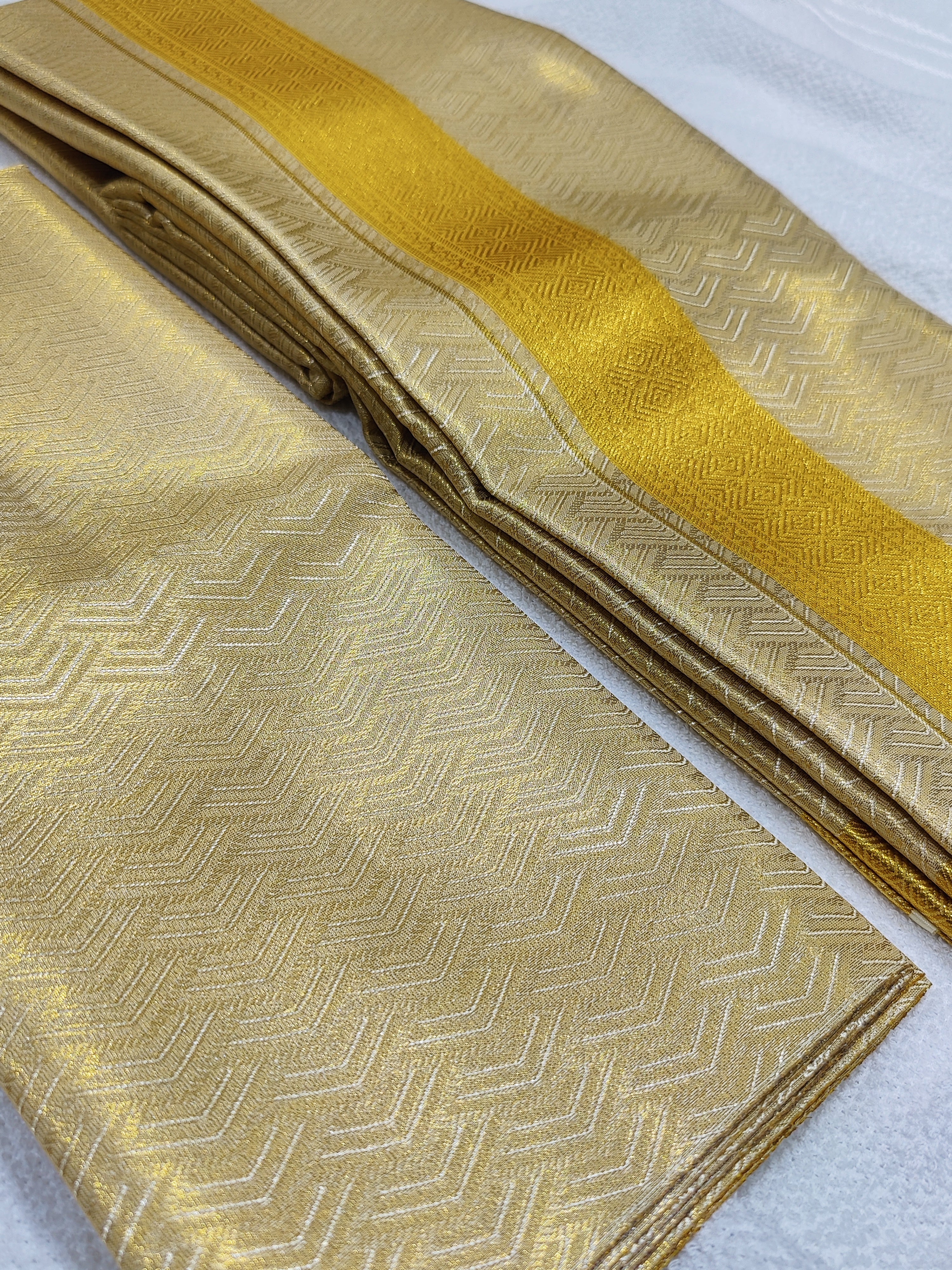 Art Silk Dhoti & Shirt Piece - Gold lines Zari Border - Shop Online - Budget Wedding Collectiion