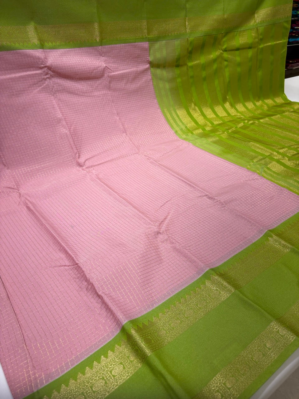 Baby Pink Colour Semi Kanjivaram Silk Saree with Light Green Border
