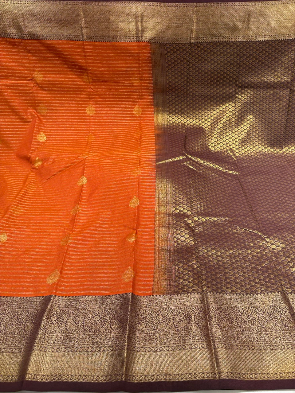 Rust Orange Colour Semi Kachi Silk Saree with Brown Border