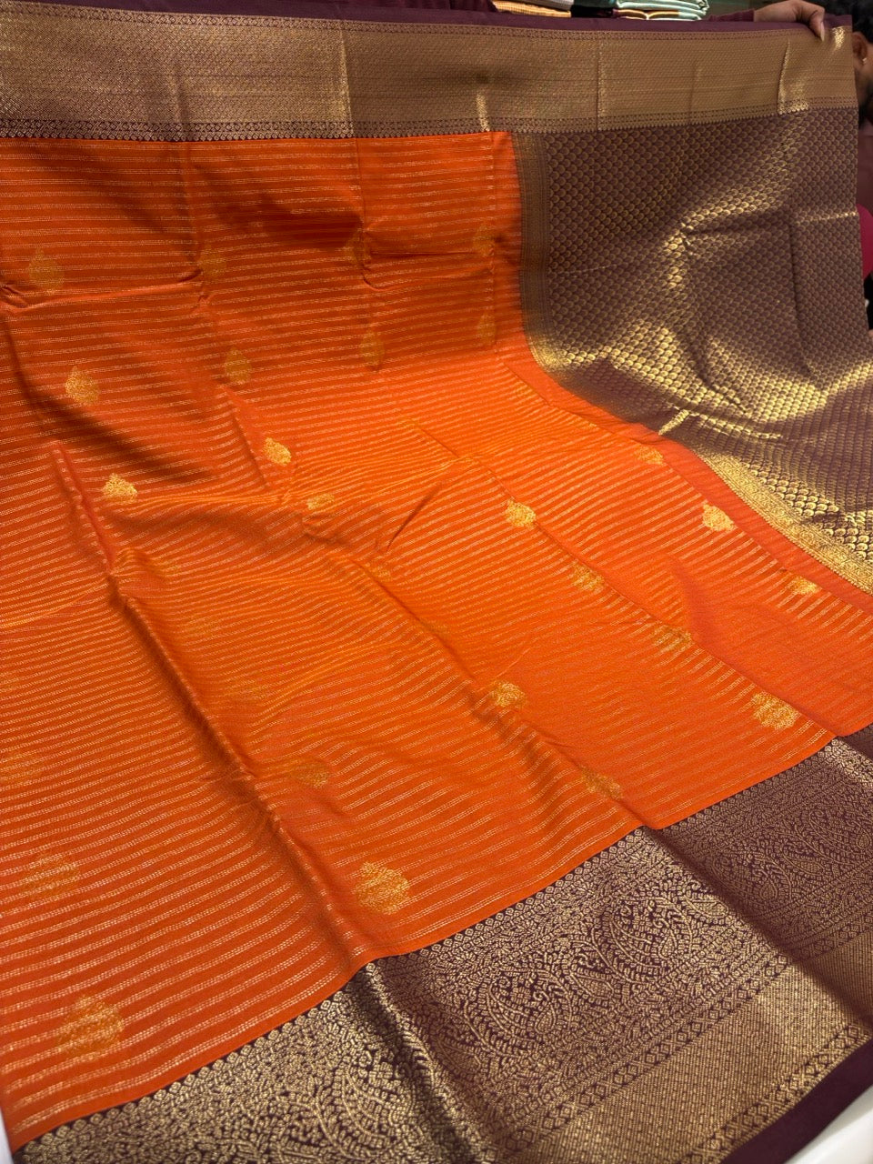 Rust Orange Colour Semi Kachi Silk Saree with Brown Border