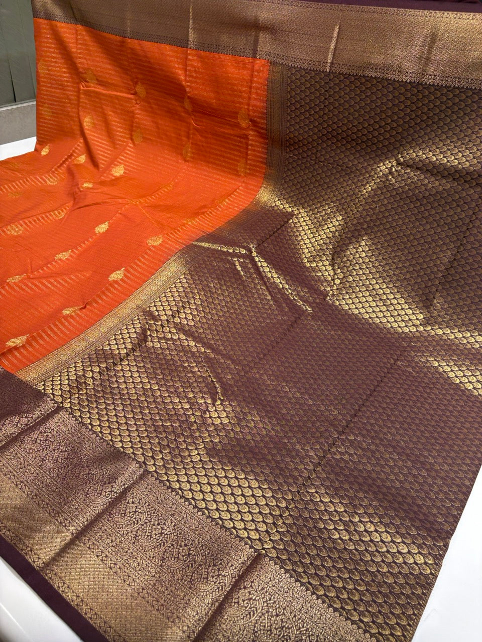 Rust Orange Colour Semi Kachi Silk Saree with Brown Border