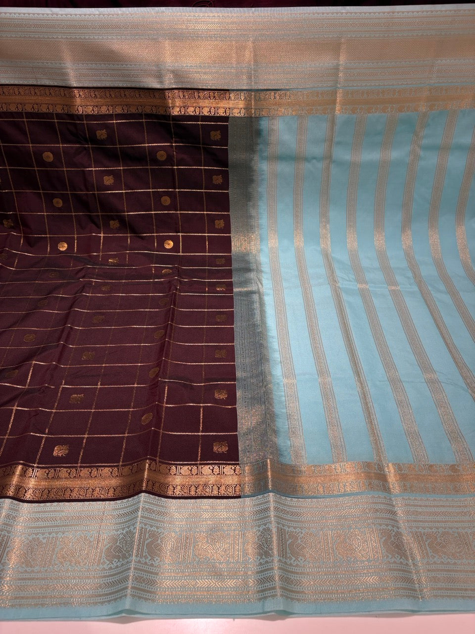 Chocolate Brown Colour Semi Kanchipramm Silk Saree with Sky Blue Border